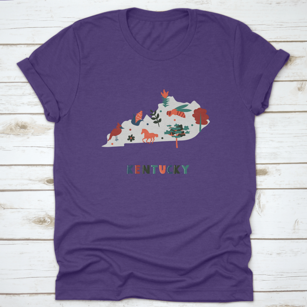 Nature Scenery T-shirt featuring colorful state symbols on a gray silhouette, showcasing vibrant designs.