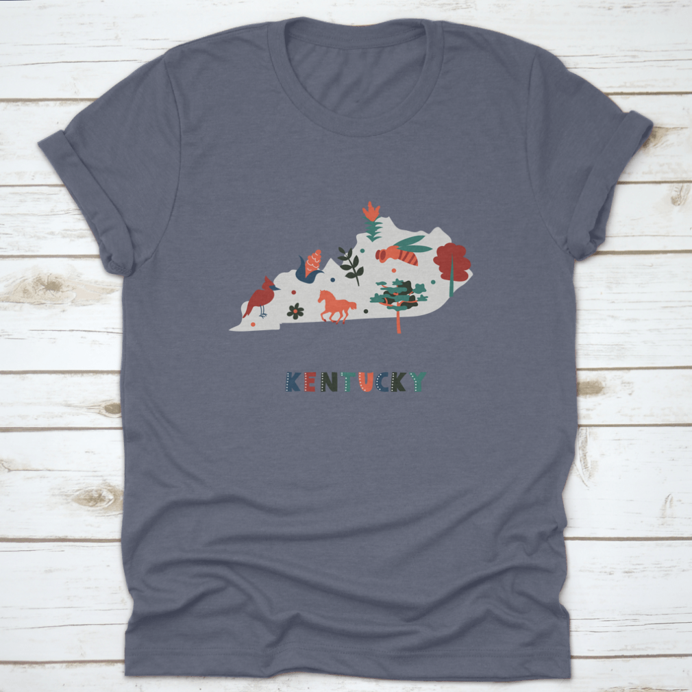 Nature Scenery T-shirt featuring colorful state symbols on a gray silhouette, showcasing vibrant designs.