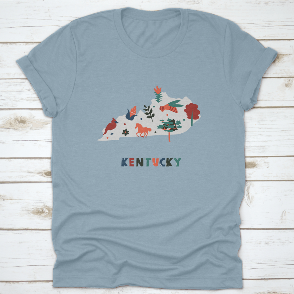 Nature Scenery T-shirt featuring colorful state symbols on a gray silhouette, showcasing vibrant designs.