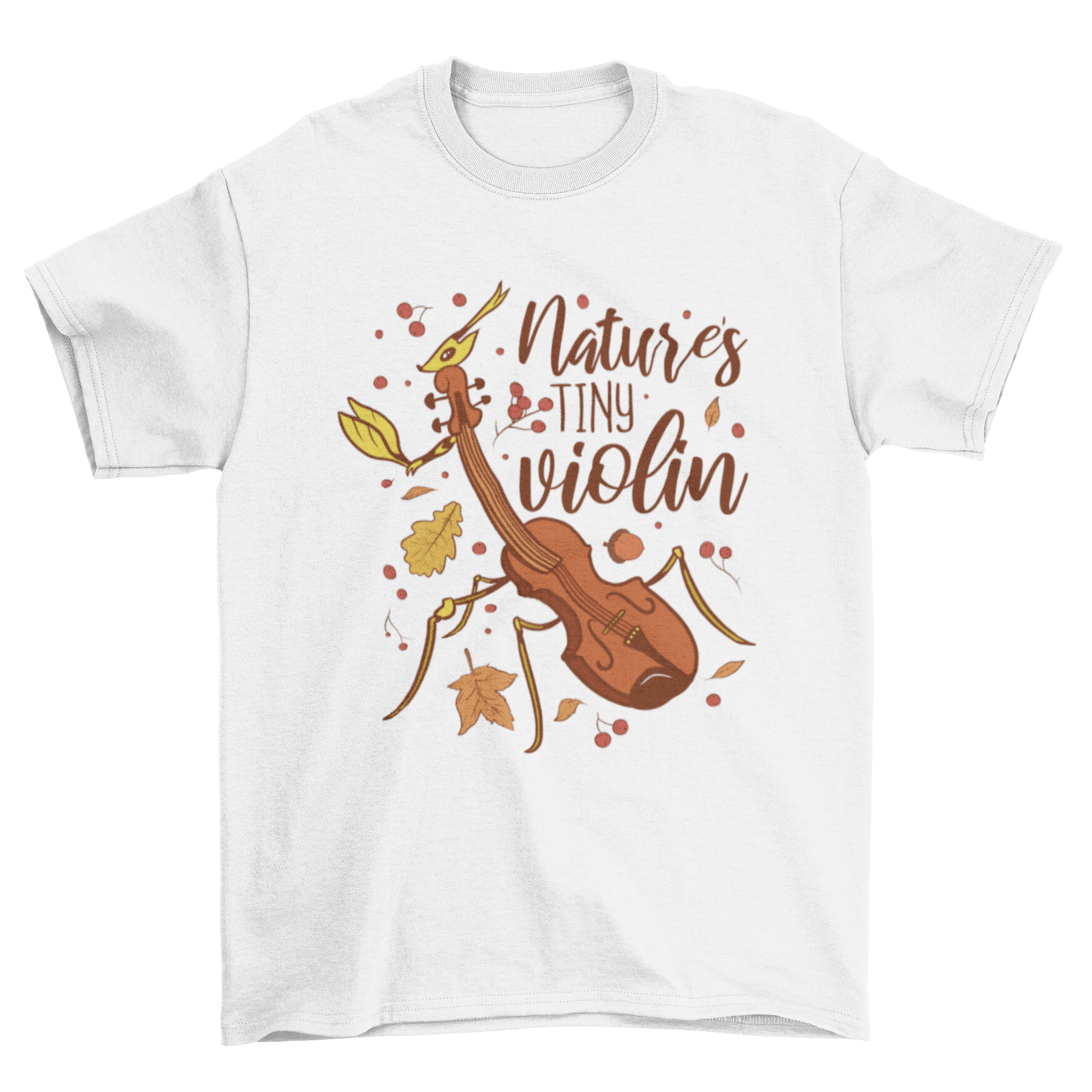 A whimsical t-shirt design featuring a hybrid creature that combines a violin and a bug, with the quote 'Nature's tiny violin'.