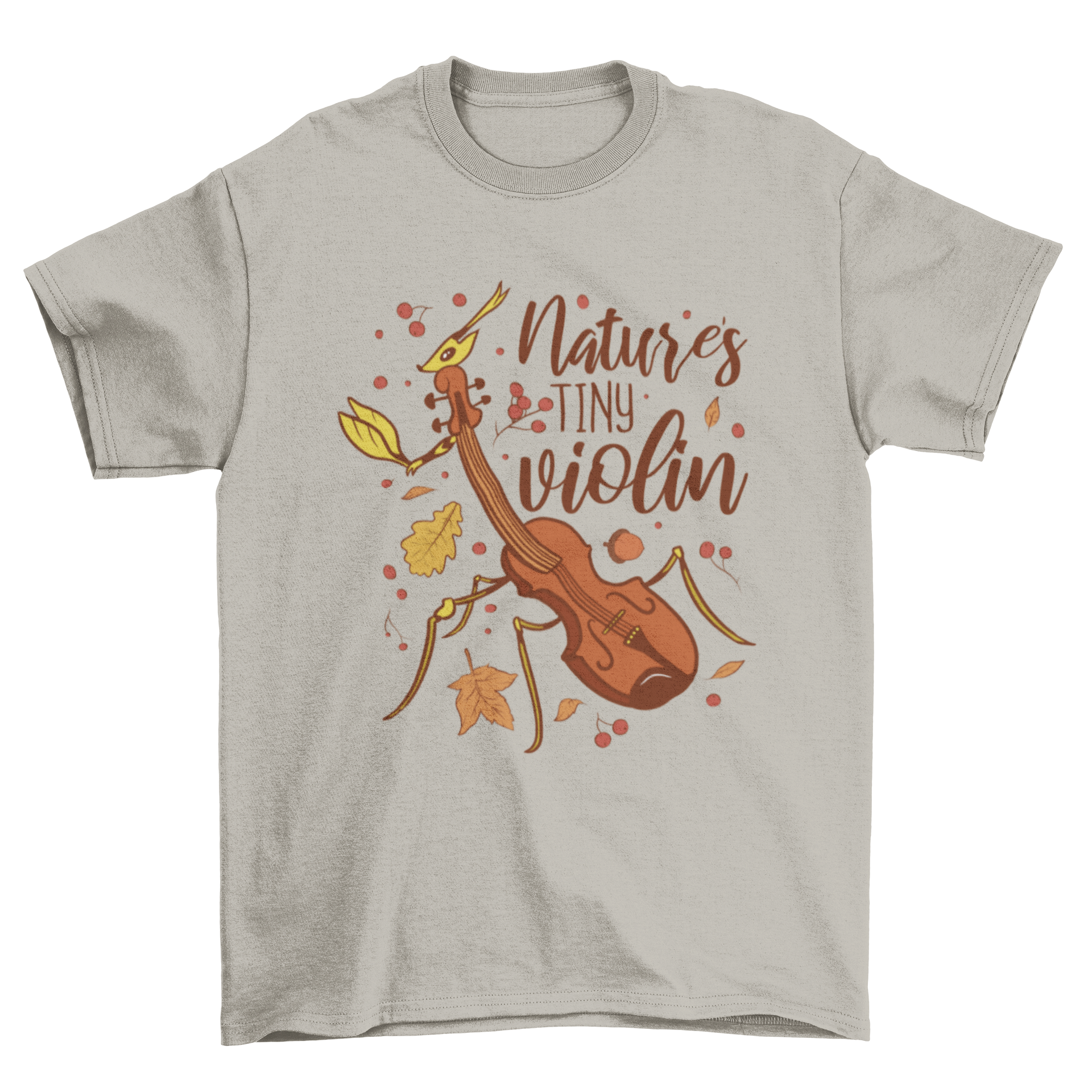 A whimsical t-shirt design featuring a hybrid creature that combines a violin and a bug, with the quote 'Nature's tiny violin'.