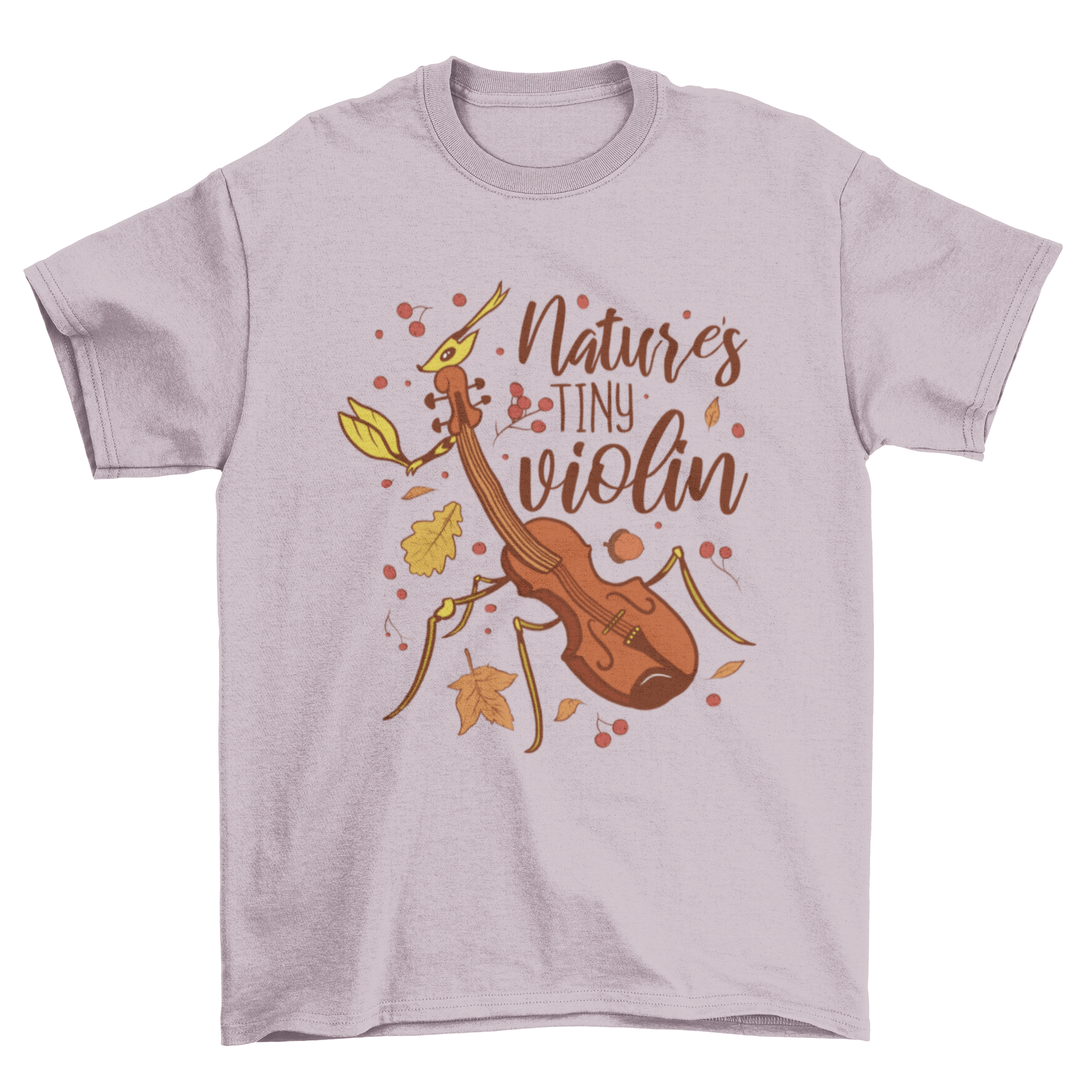 A whimsical t-shirt design featuring a hybrid creature that combines a violin and a bug, with the quote 'Nature's tiny violin'.