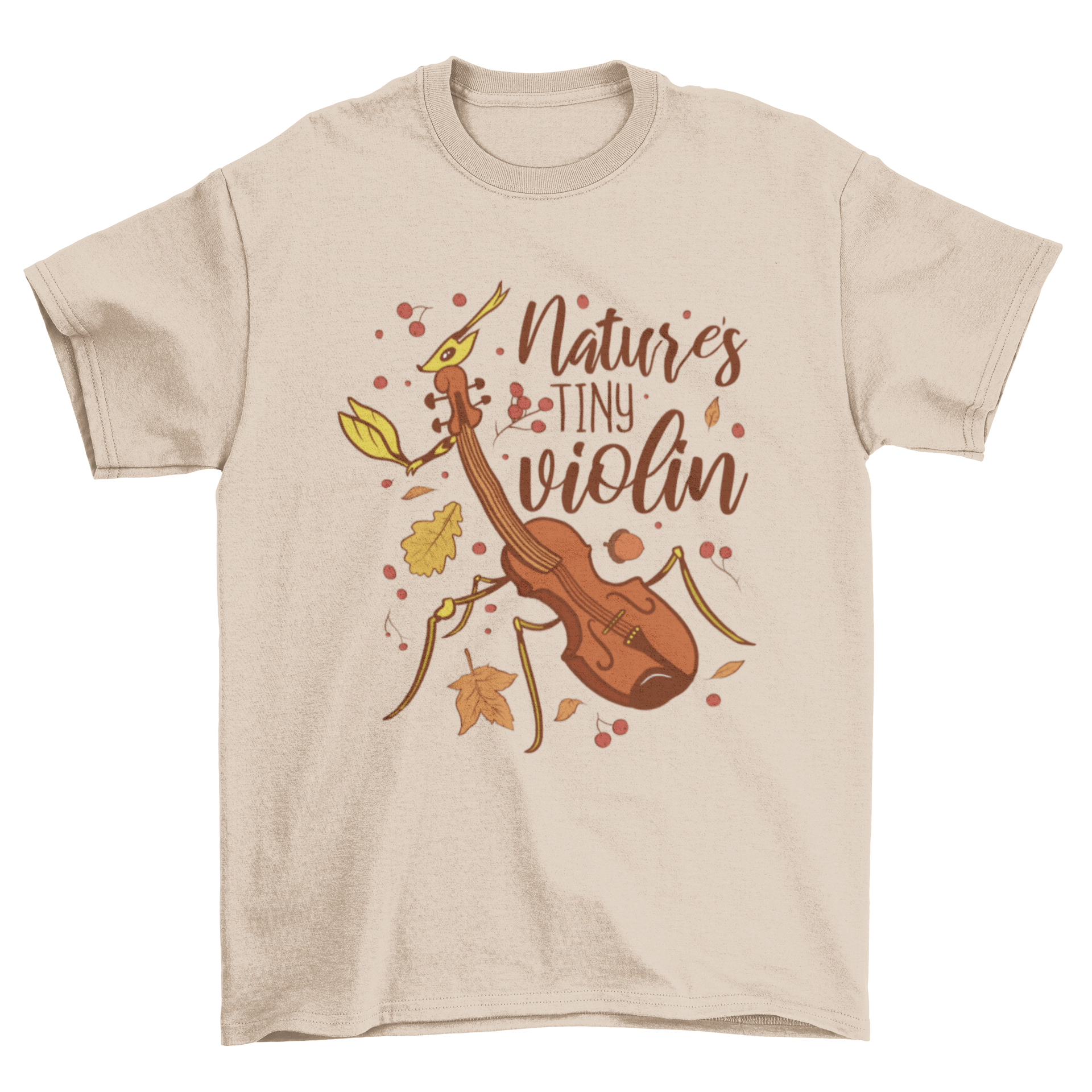 A whimsical t-shirt design featuring a hybrid creature that combines a violin and a bug, with the quote 'Nature's tiny violin'.