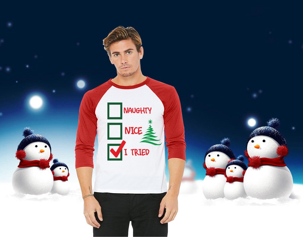 Naughty Nice I Tried Shirt featuring red sleeves and a white body, perfect for holiday celebrations.