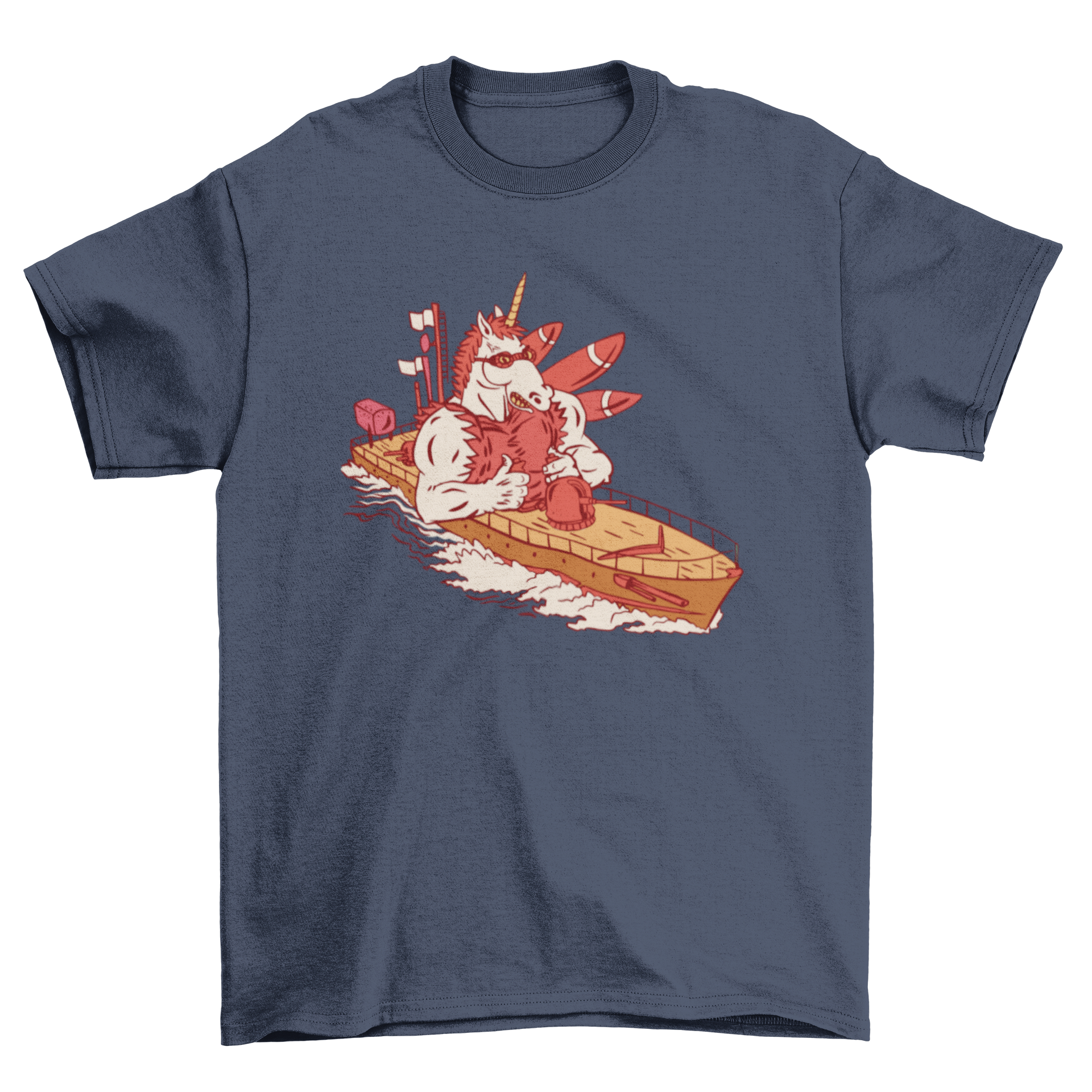 A navy t-shirt featuring a muscular unicorn standing on a naval ship, showcasing a unique and vibrant design.