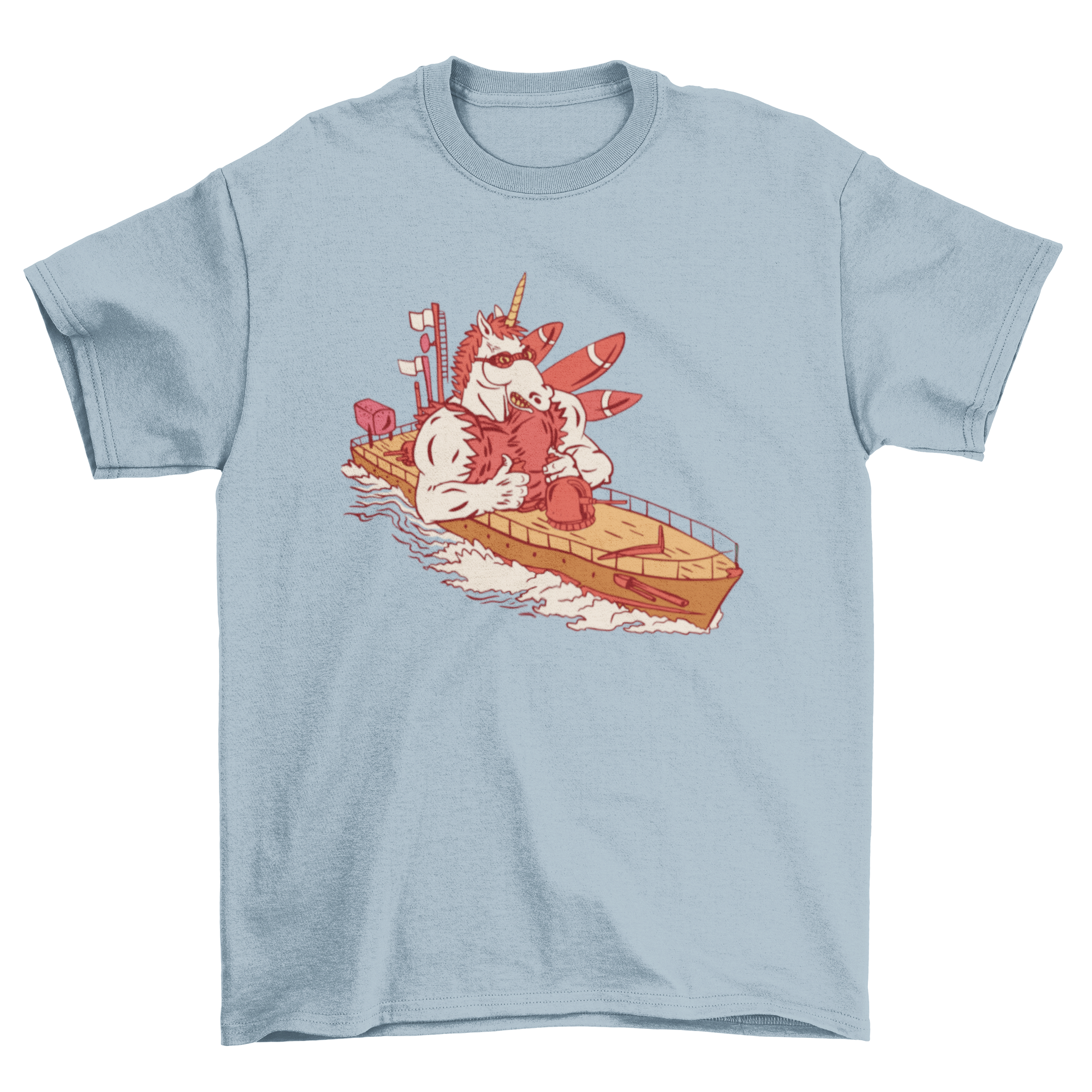 A navy t-shirt featuring a muscular unicorn standing on a naval ship, showcasing a unique and vibrant design.