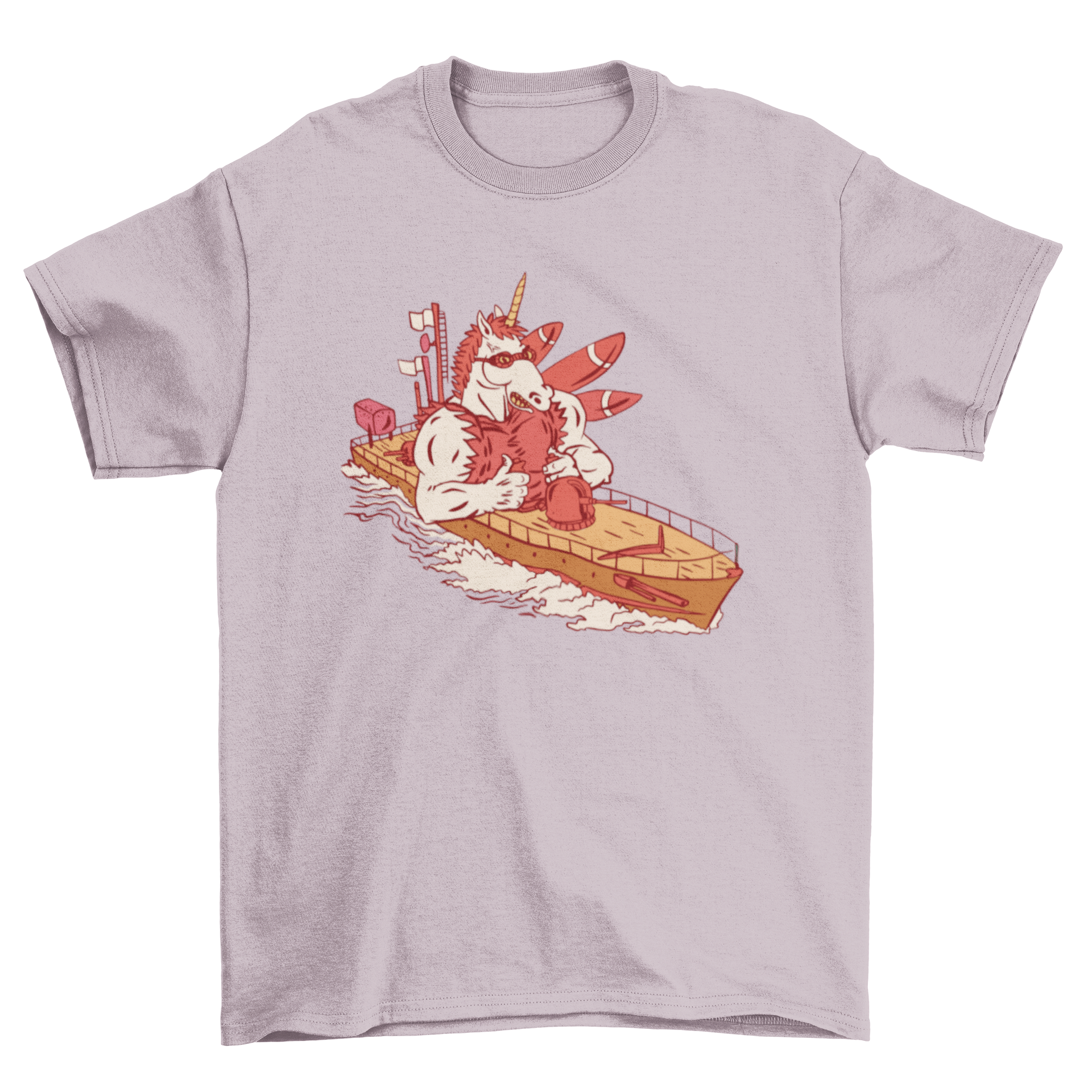 A navy t-shirt featuring a muscular unicorn standing on a naval ship, showcasing a unique and vibrant design.