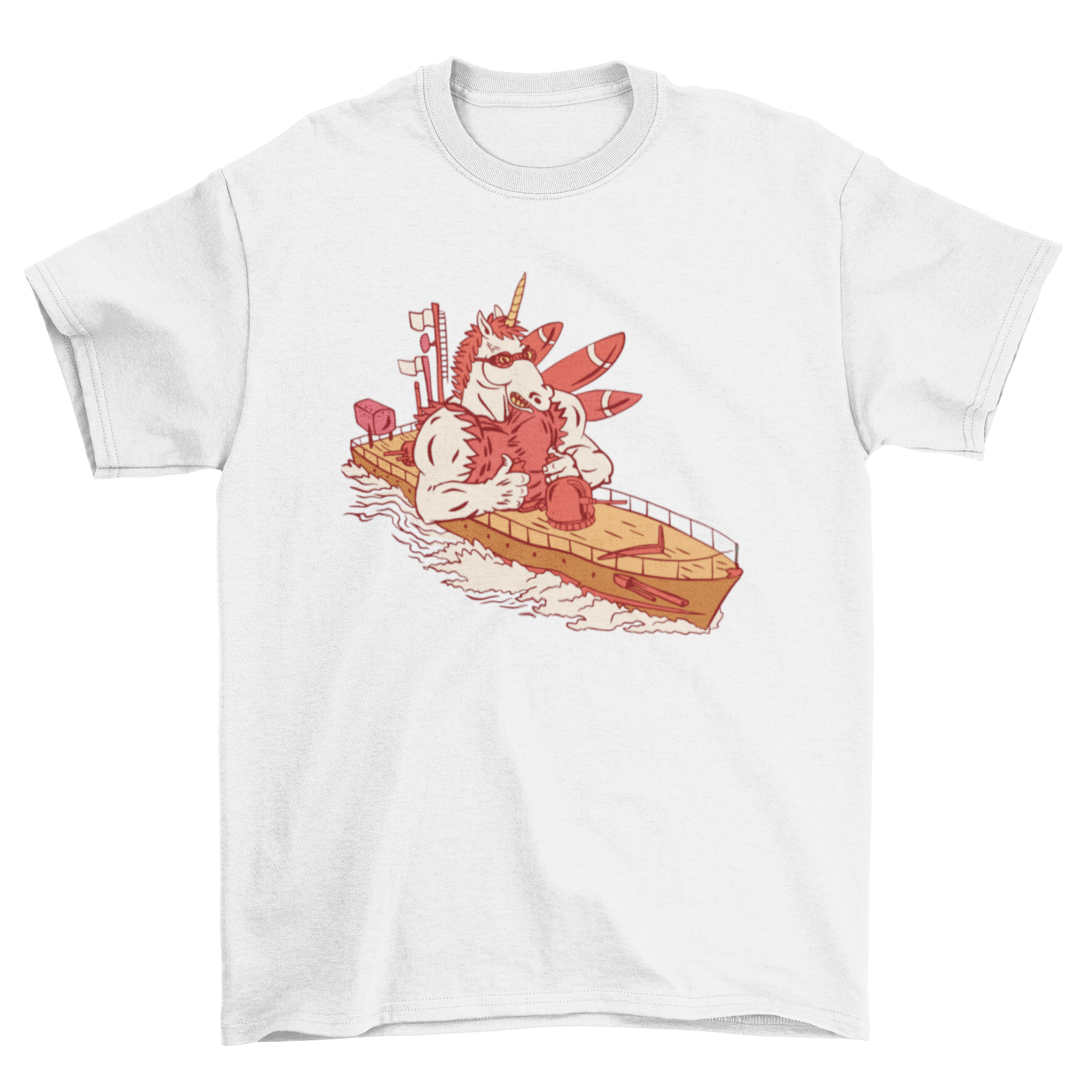 A navy t-shirt featuring a muscular unicorn standing on a naval ship, showcasing a unique and vibrant design.