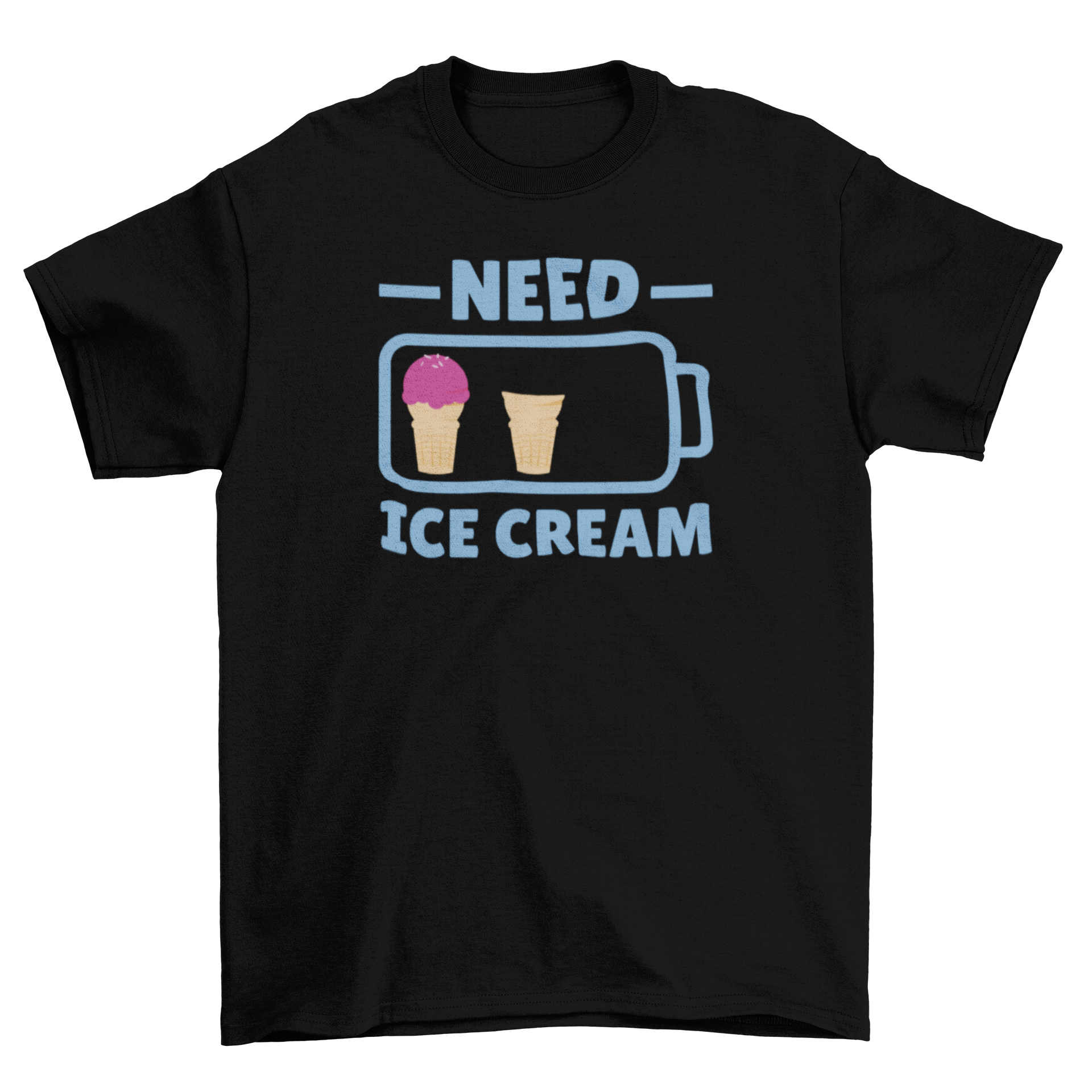 A stylish t-shirt featuring a low battery illustration with ice creams and the quote 'Need Ice Cream', perfect for ice cream lovers.