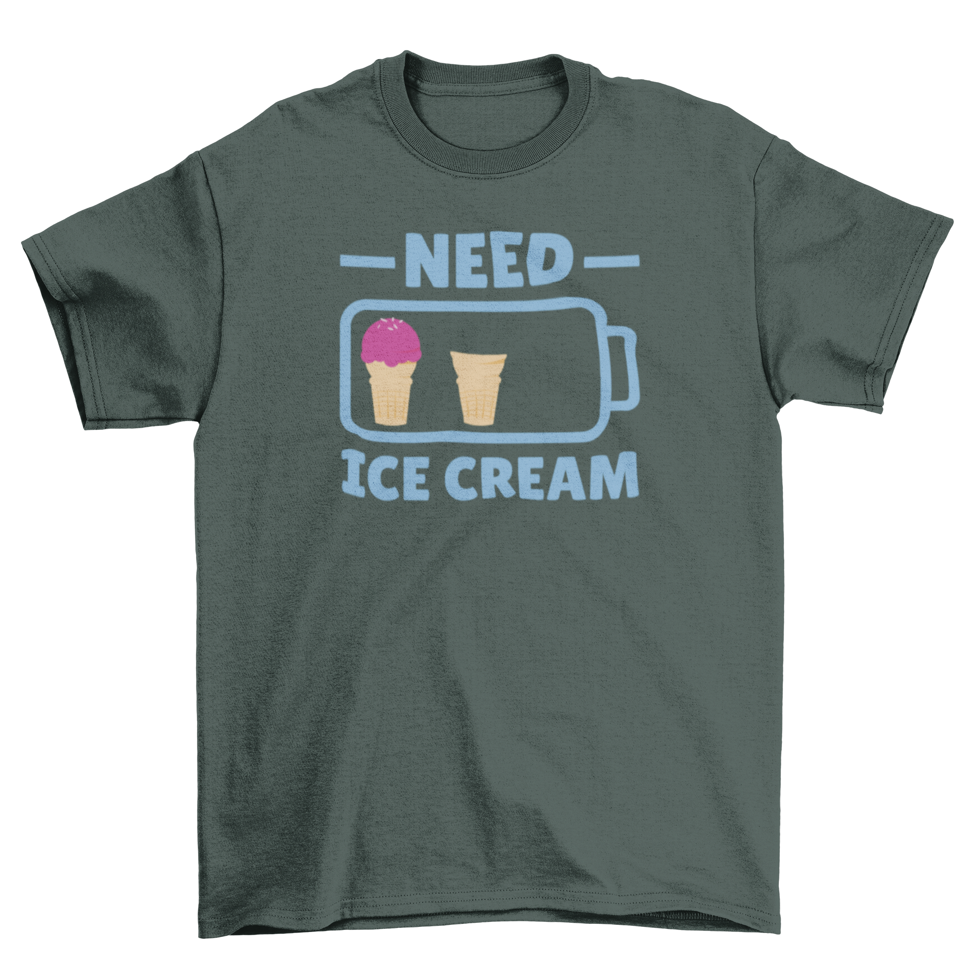 A stylish t-shirt featuring a low battery illustration with ice creams and the quote 'Need Ice Cream', perfect for ice cream lovers.