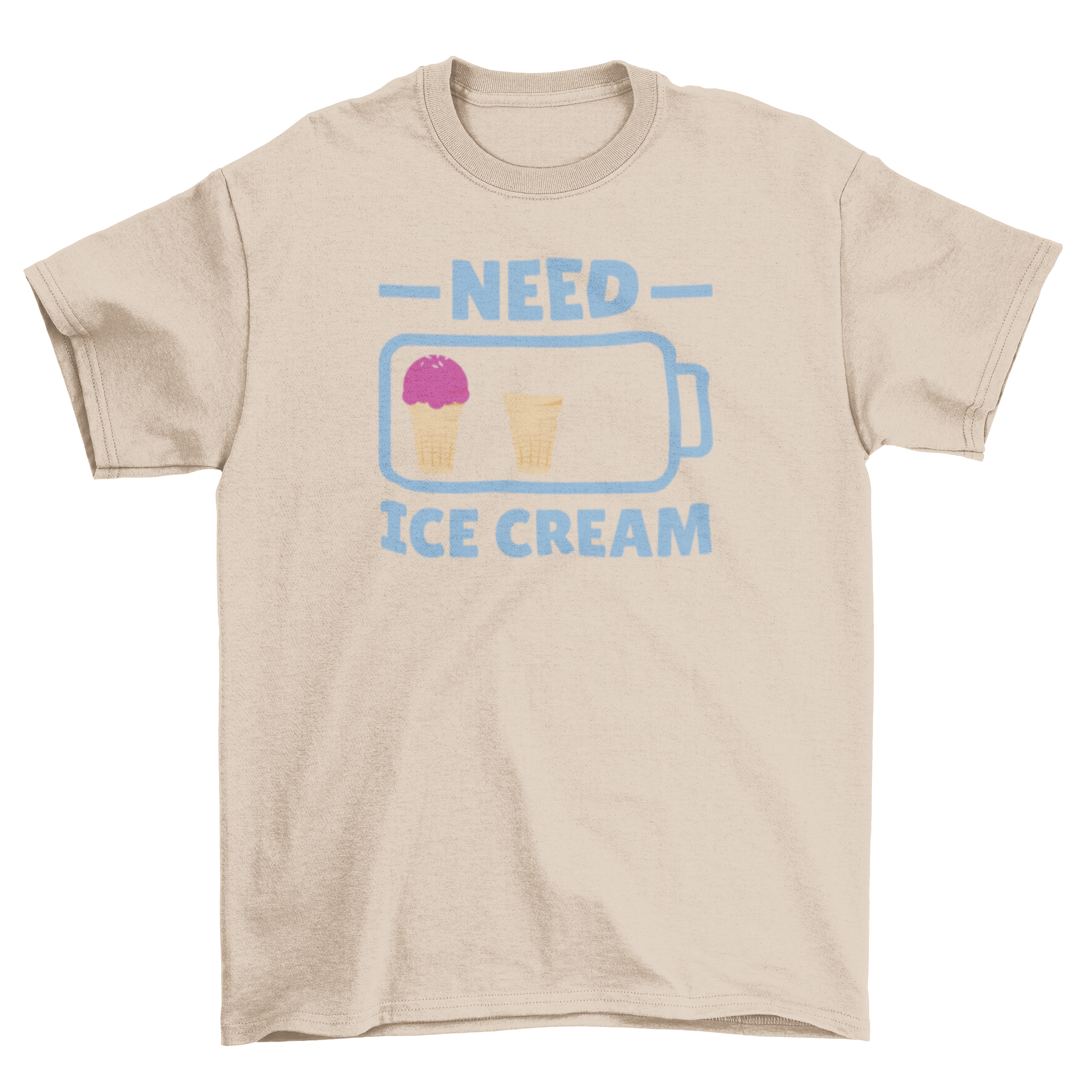 A stylish t-shirt featuring a low battery illustration with ice creams and the quote 'Need Ice Cream', perfect for ice cream lovers.