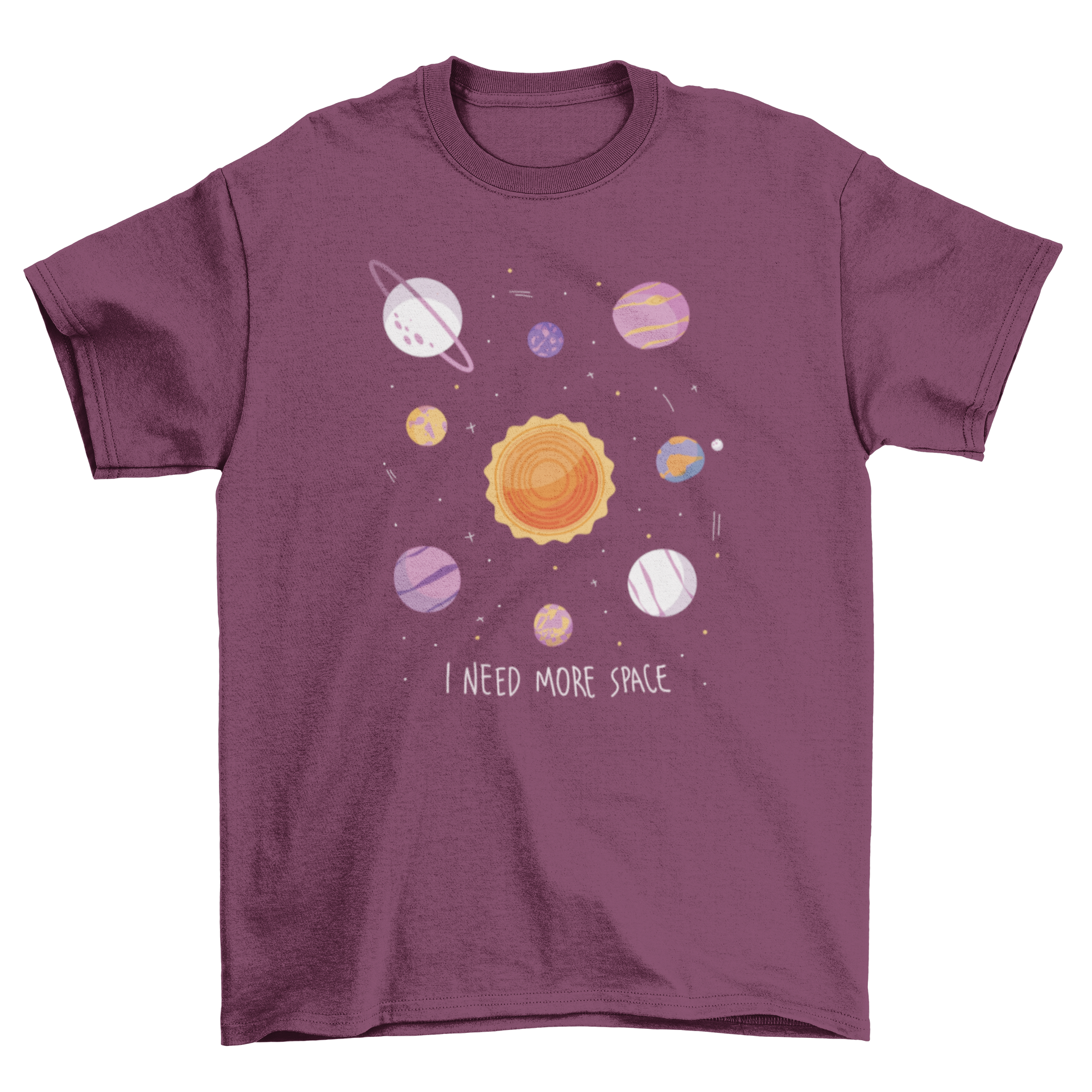 A stylish t-shirt featuring a semi-flat solar system illustration and the quote 'I need more space', perfect for space enthusiasts.