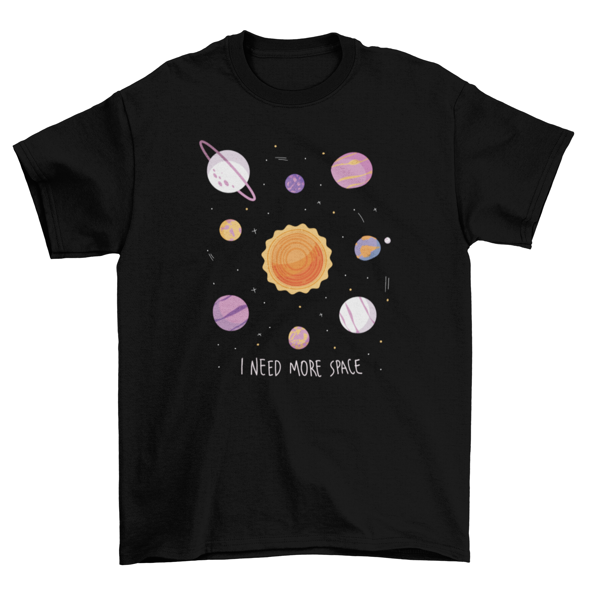 A stylish t-shirt featuring a semi-flat solar system illustration and the quote 'I need more space', perfect for space enthusiasts.