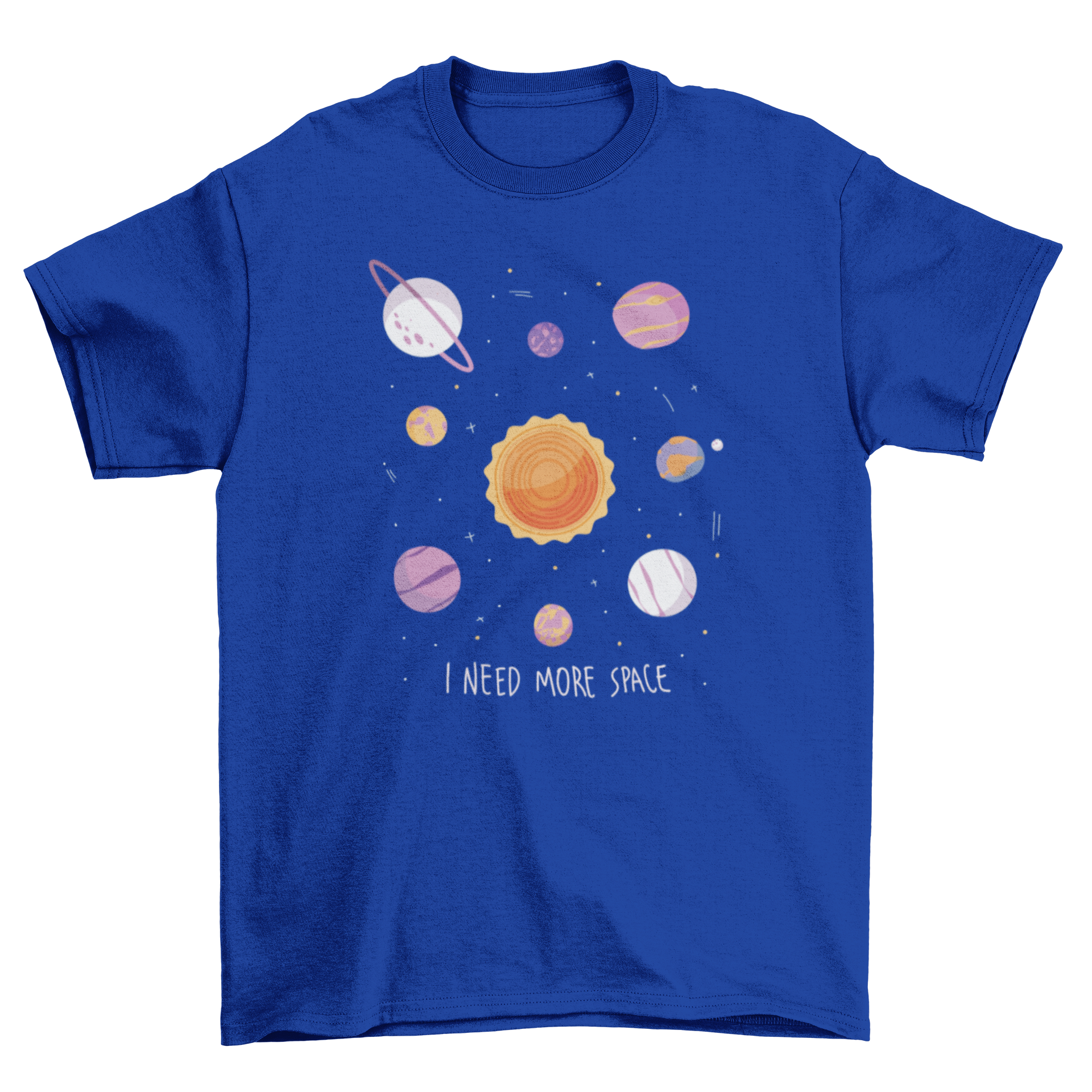 A stylish t-shirt featuring a semi-flat solar system illustration and the quote 'I need more space', perfect for space enthusiasts.