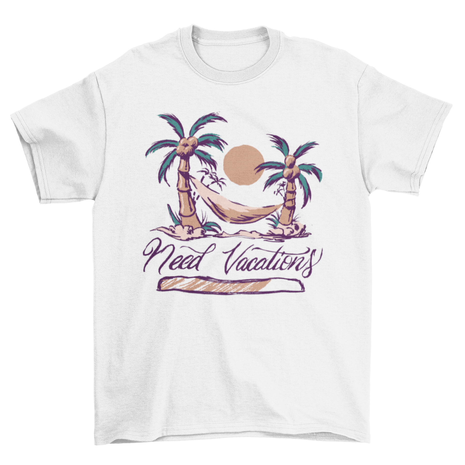 A stylish t-shirt featuring two palm trees and a hammock with the quote 'Need Vacations', perfect for beach lovers.