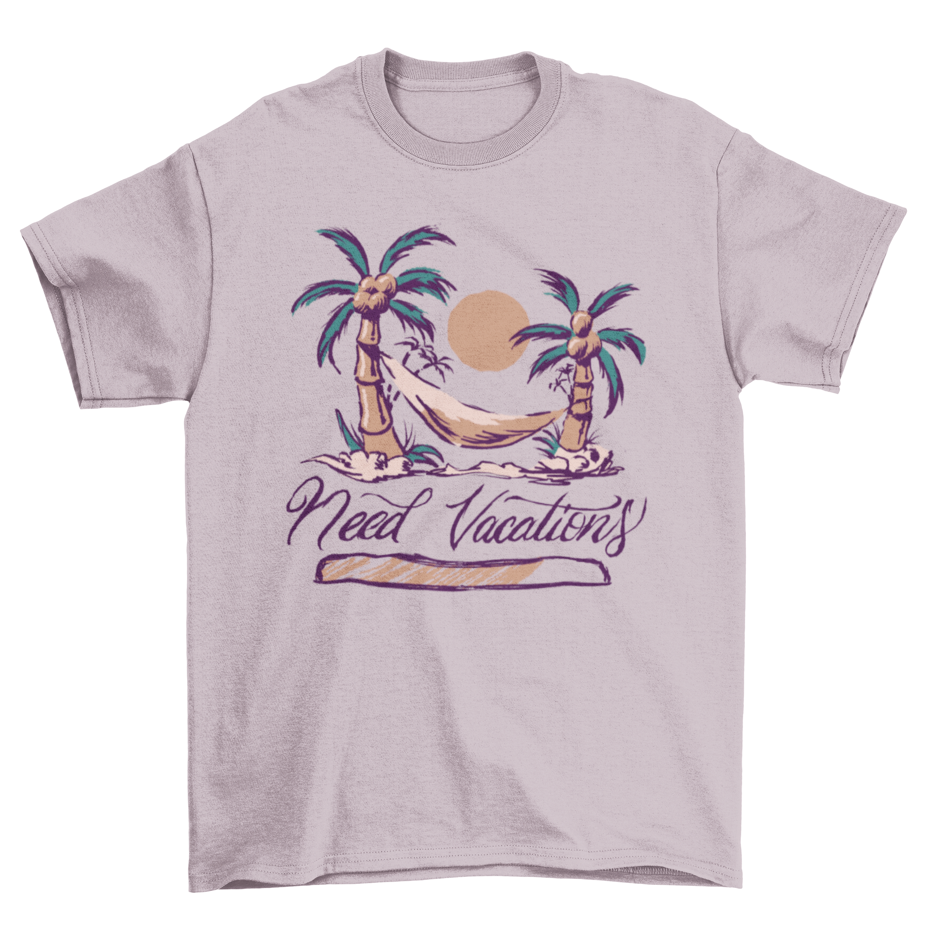 A stylish t-shirt featuring two palm trees and a hammock with the quote 'Need Vacations', perfect for beach lovers.