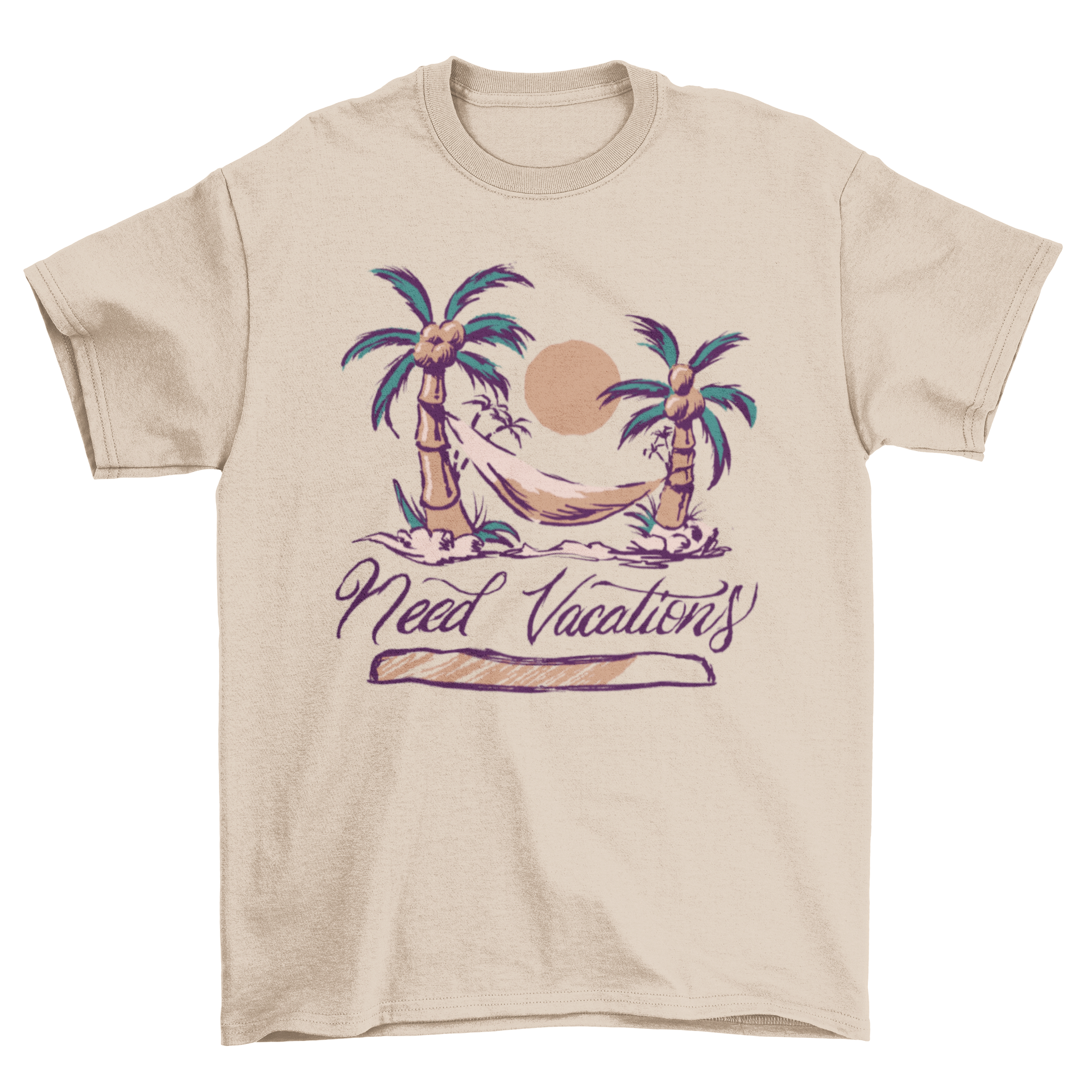 A stylish t-shirt featuring two palm trees and a hammock with the quote 'Need Vacations', perfect for beach lovers.