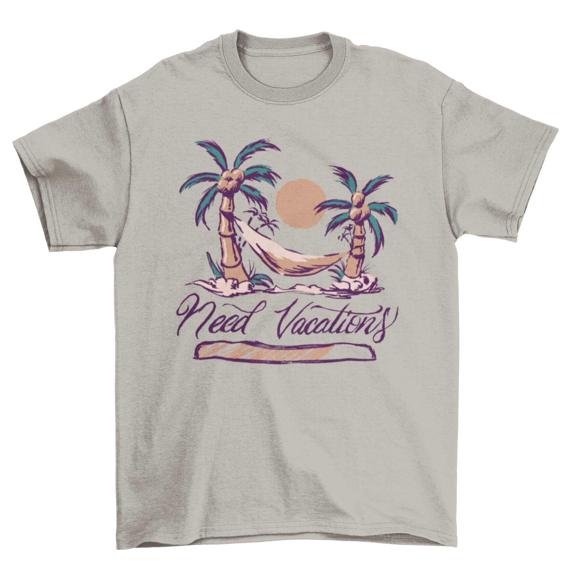 A stylish t-shirt featuring two palm trees and a hammock with the quote 'Need Vacations', perfect for beach lovers.