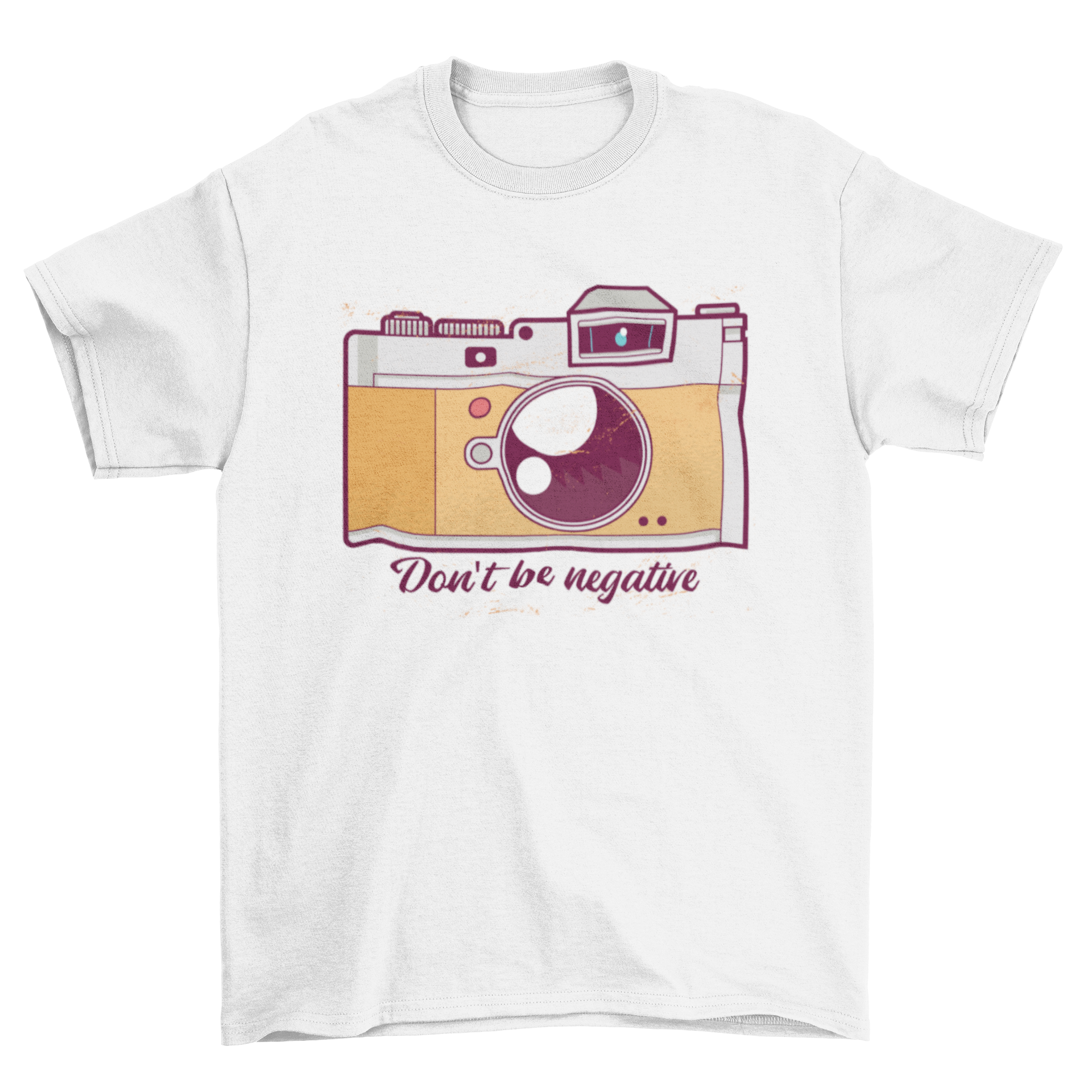 Negative T-shirt featuring a camera illustration and the caption 'Don't be negative' in a stylish design.