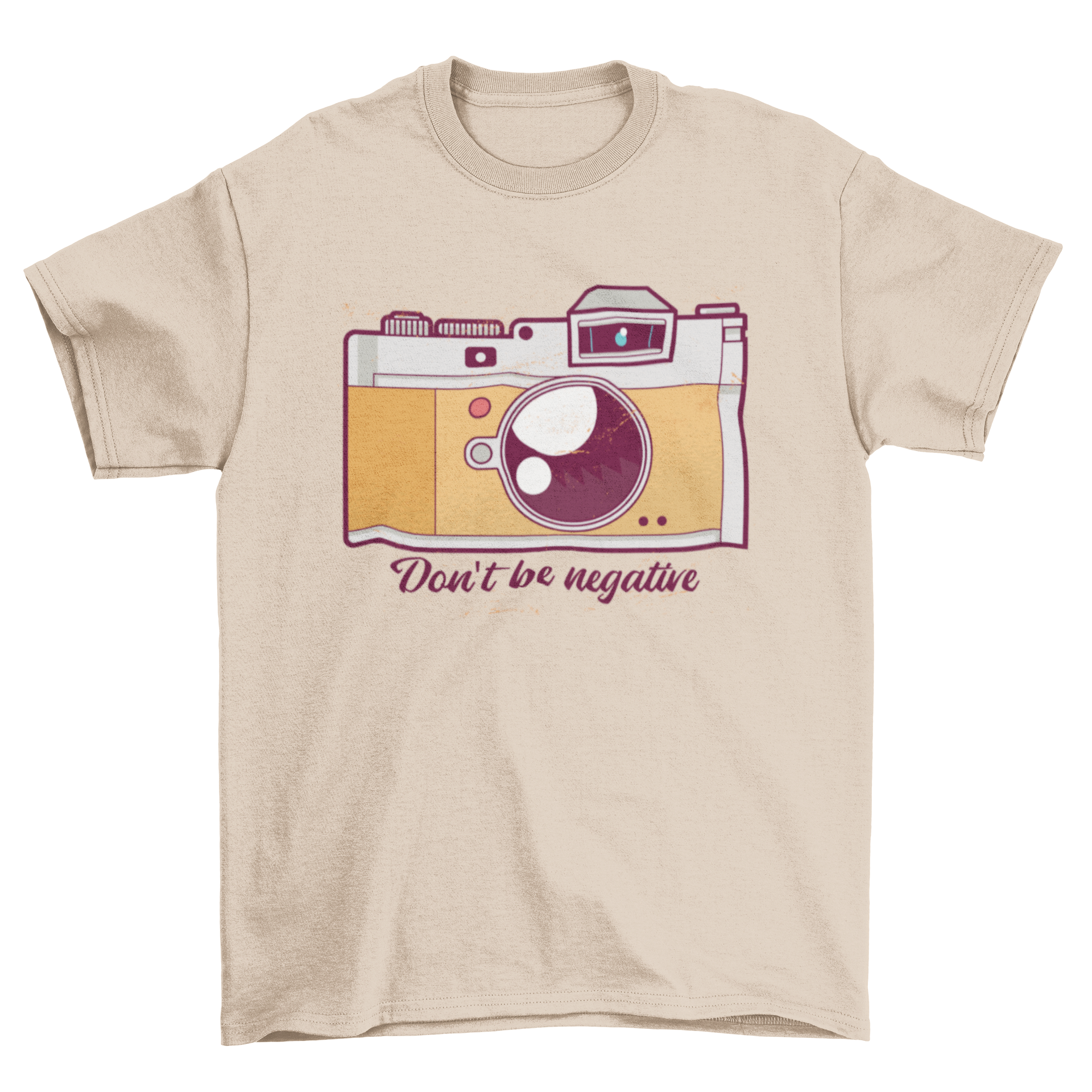 Negative T-shirt featuring a camera illustration and the caption 'Don't be negative' in a stylish design.