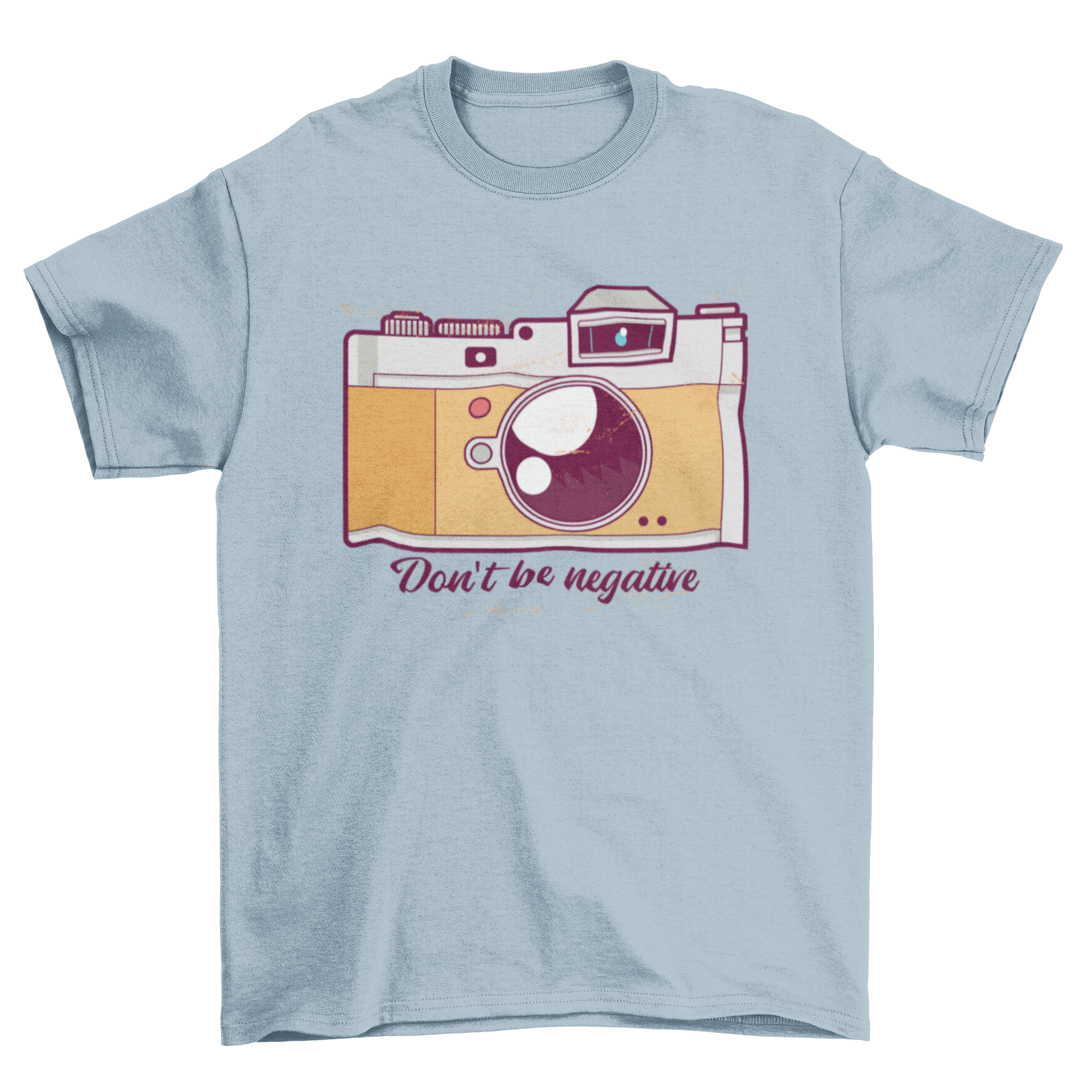 Negative T-shirt featuring a camera illustration and the caption 'Don't be negative' in a stylish design.