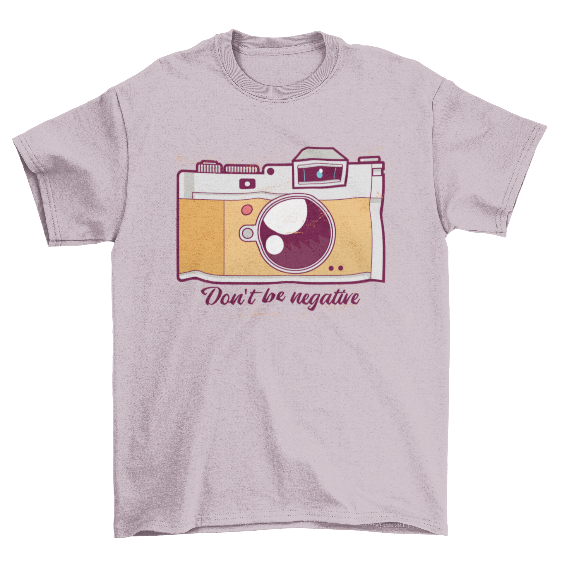 Negative T-shirt featuring a camera illustration and the caption 'Don't be negative' in a stylish design.