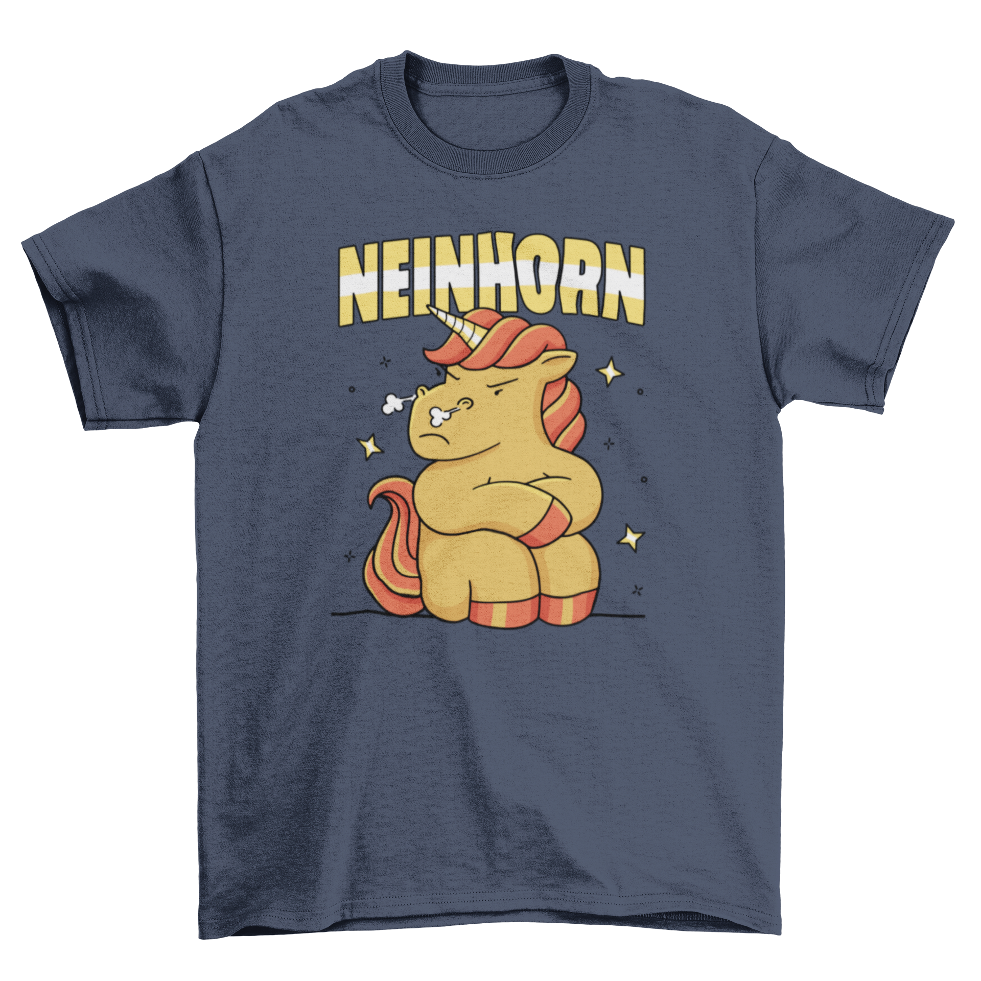 Neinhorn t-shirt featuring a stubborn unicorn design with a humorous German quote.