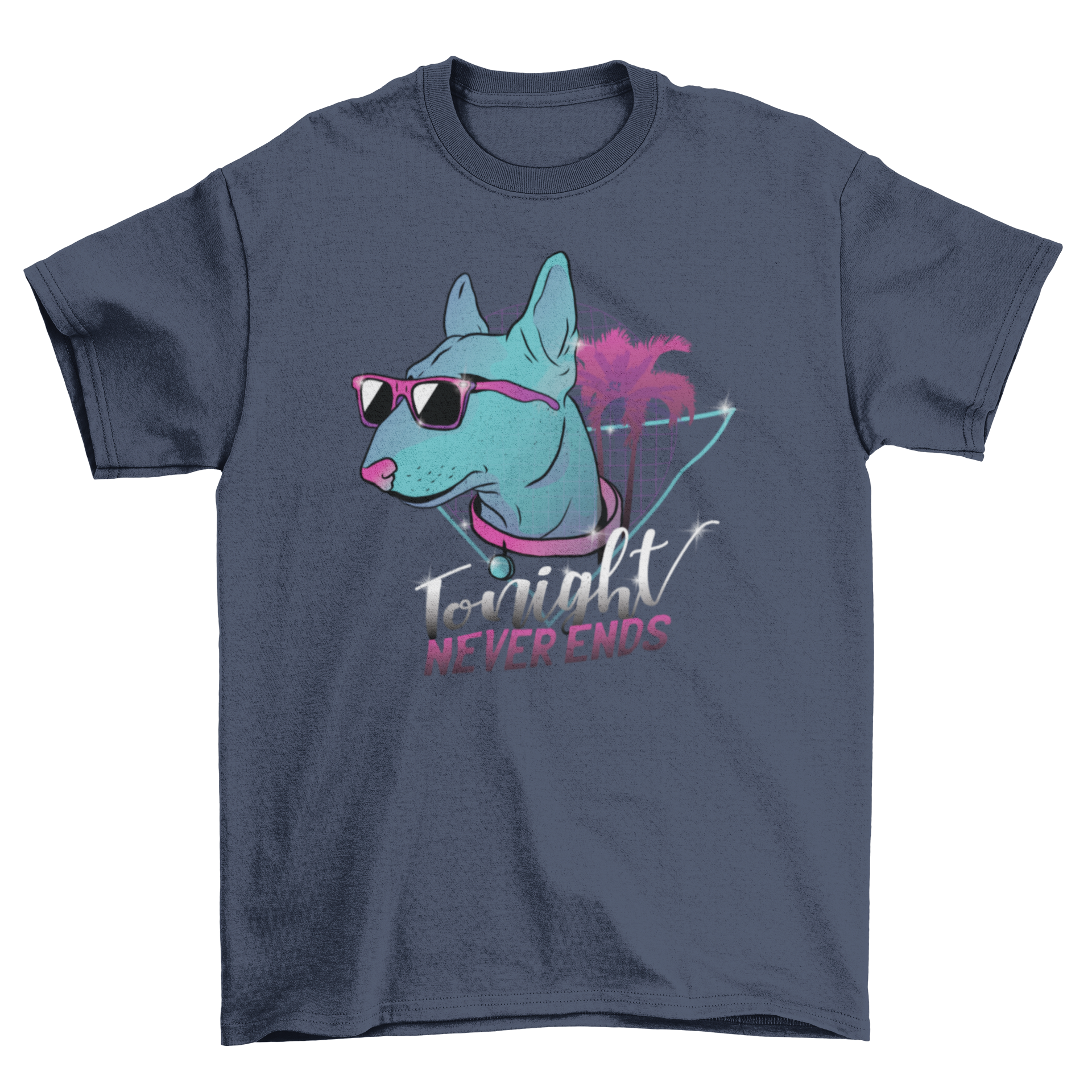 Vibrant neon dog t-shirt featuring a cartoon dog head with sunglasses against a blue and pink palm background.