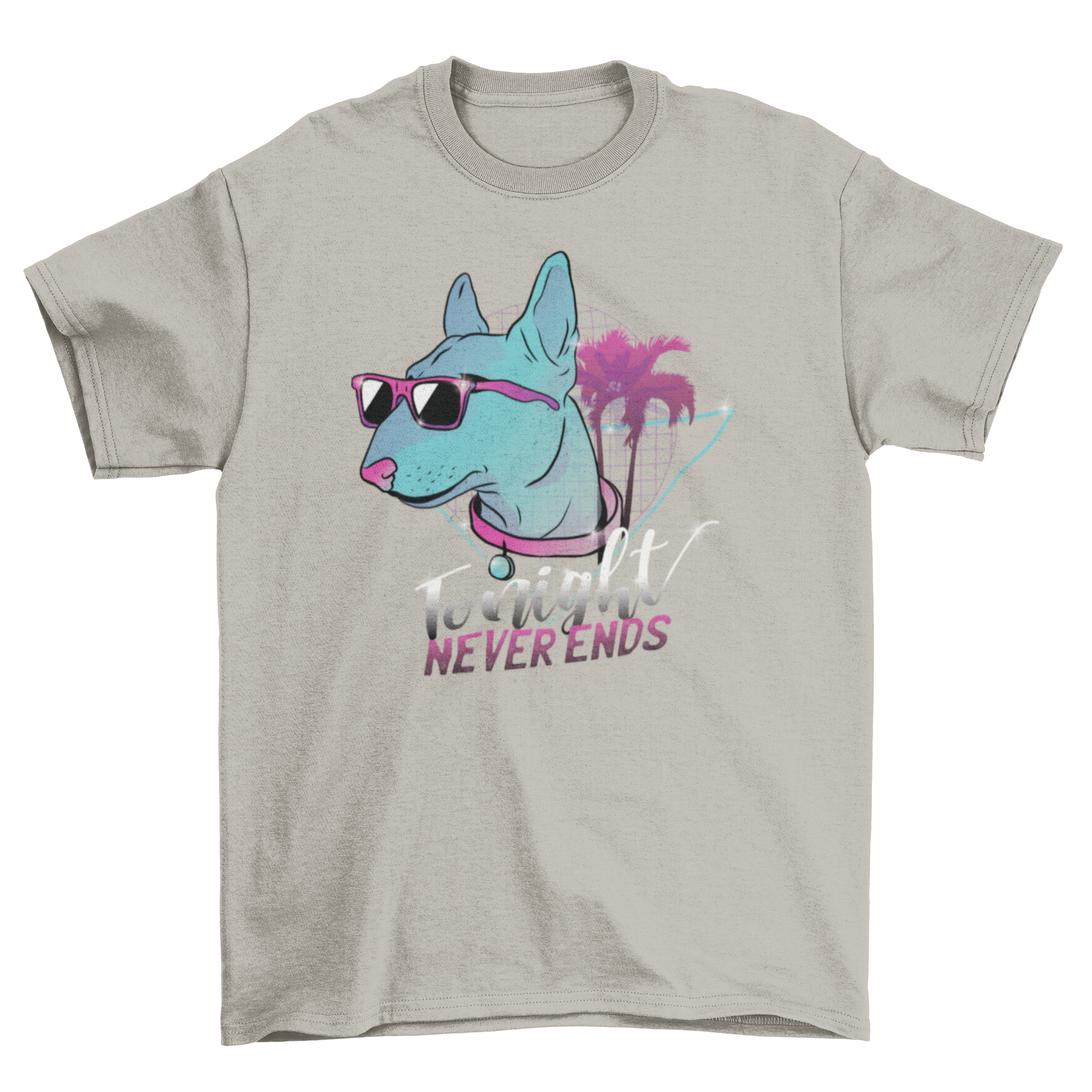 Vibrant neon dog t-shirt featuring a cartoon dog head with sunglasses against a blue and pink palm background.