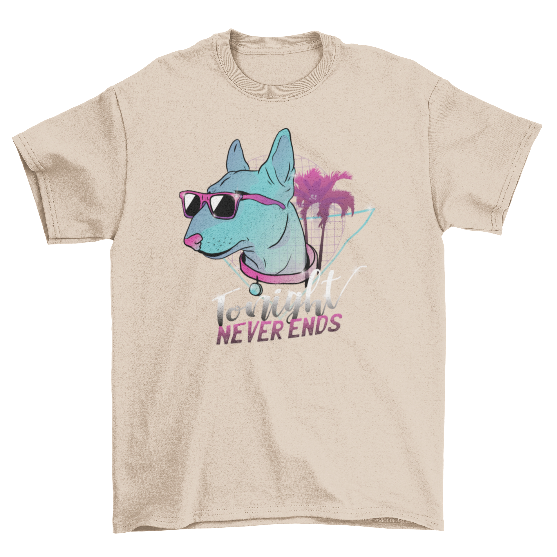 Vibrant neon dog t-shirt featuring a cartoon dog head with sunglasses against a blue and pink palm background.