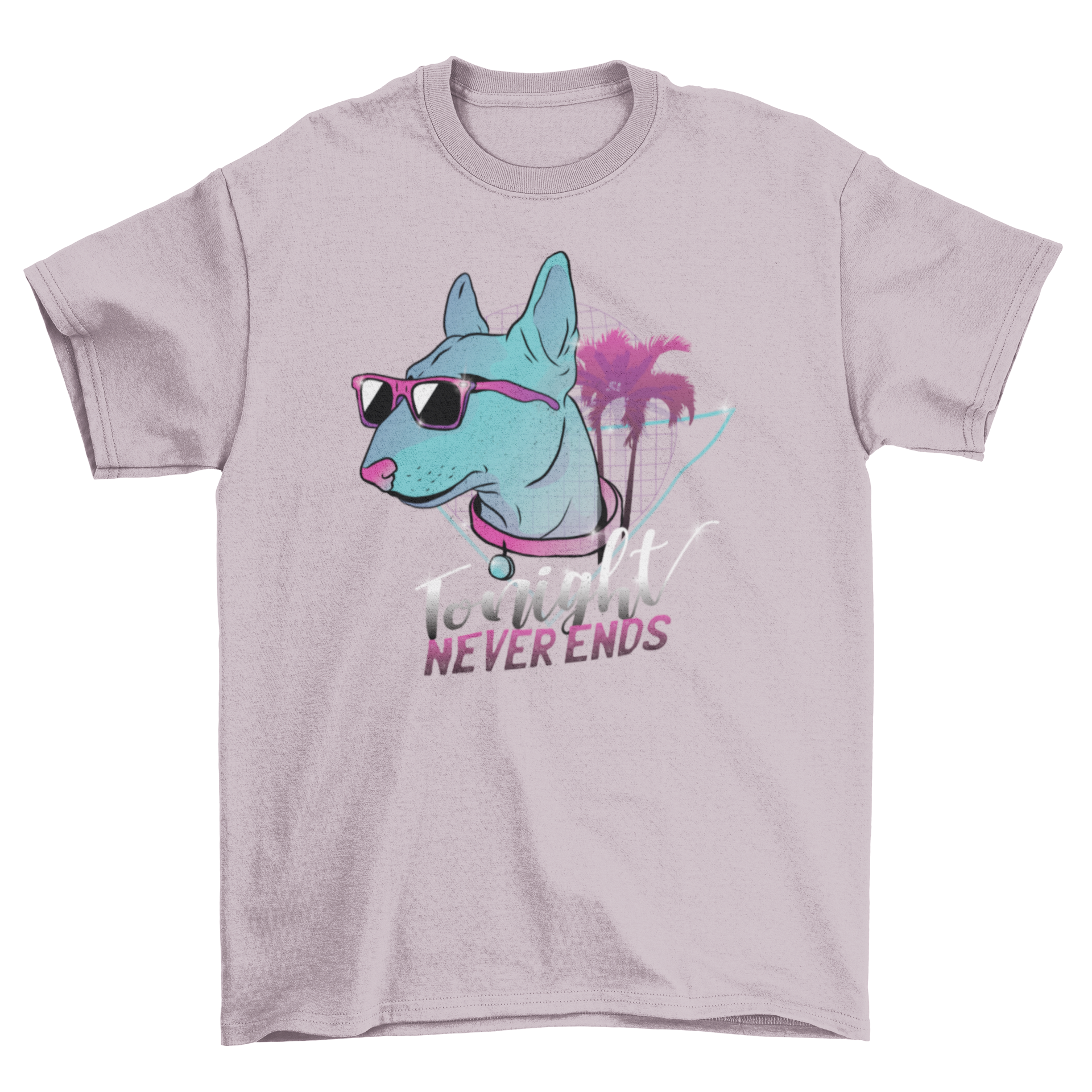 Vibrant neon dog t-shirt featuring a cartoon dog head with sunglasses against a blue and pink palm background.