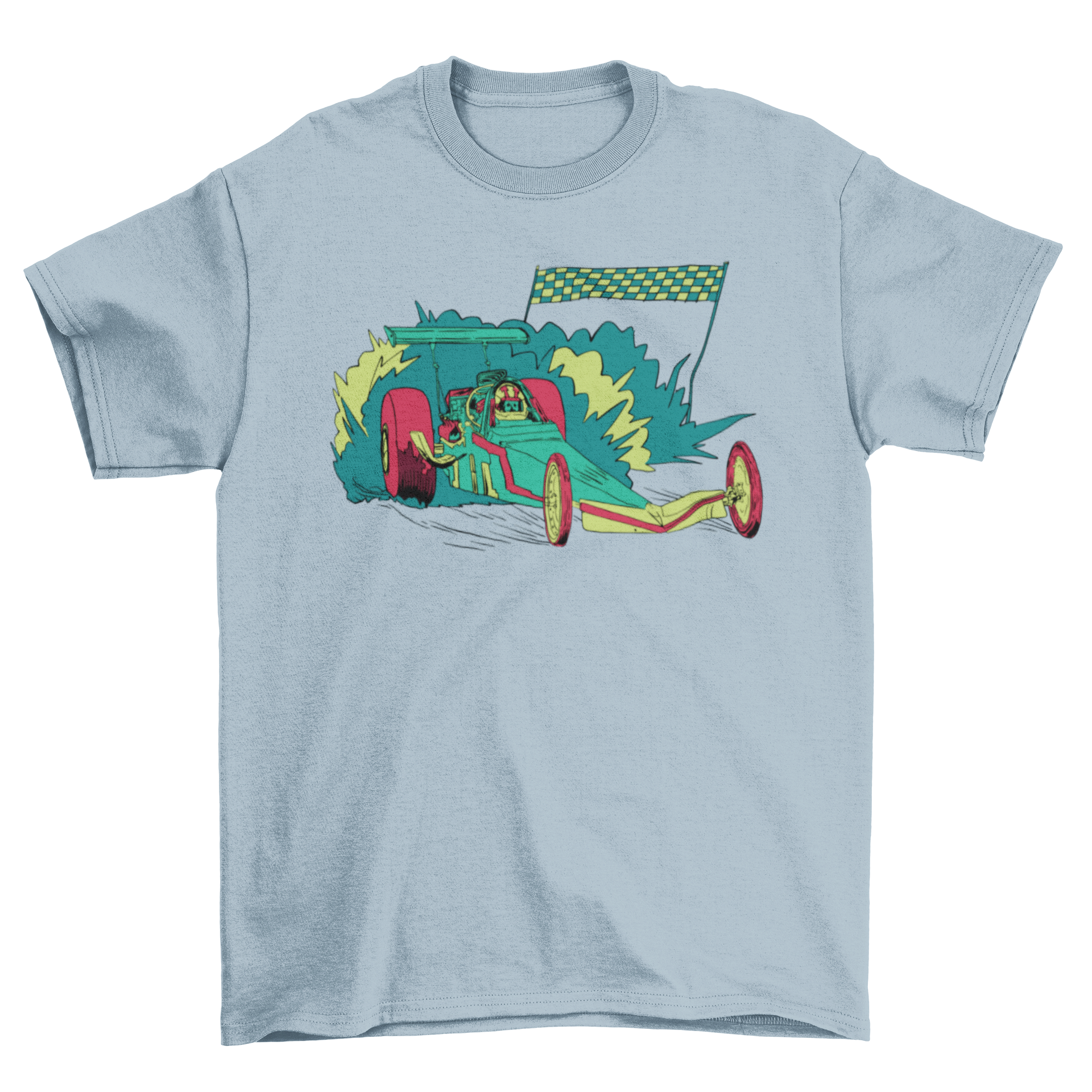 A vibrant neon drag racing car graphic on a stylish t-shirt, showcasing speed and excitement.