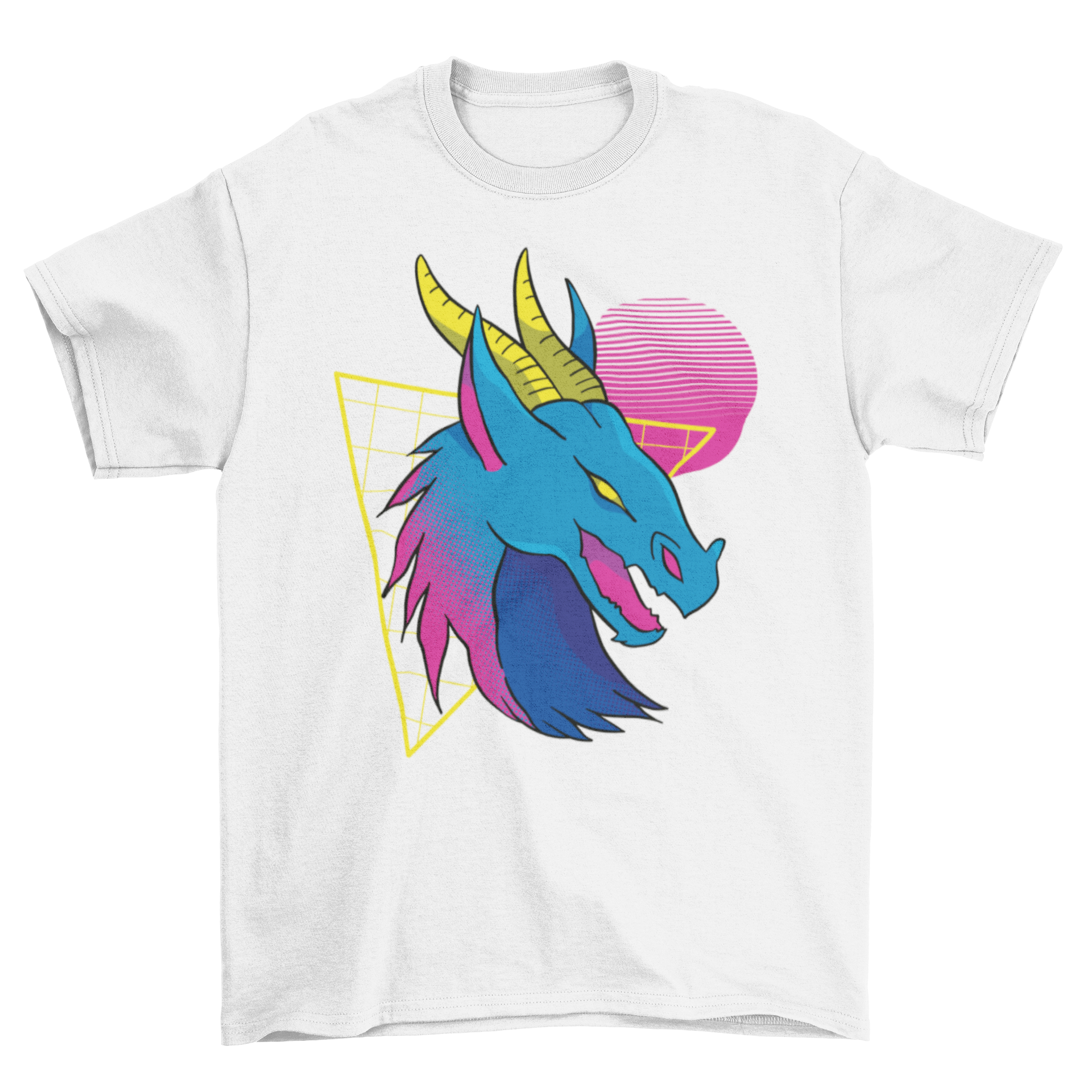 A vibrant neon dragon face t-shirt featuring intricate designs and colorful shapes in the background.