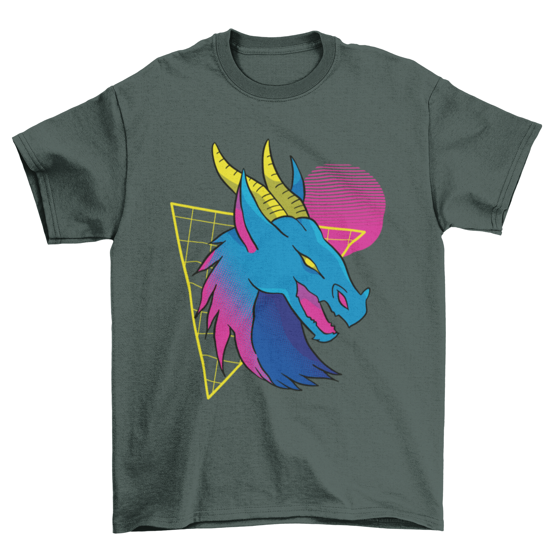 A vibrant neon dragon face t-shirt featuring intricate designs and colorful shapes in the background.