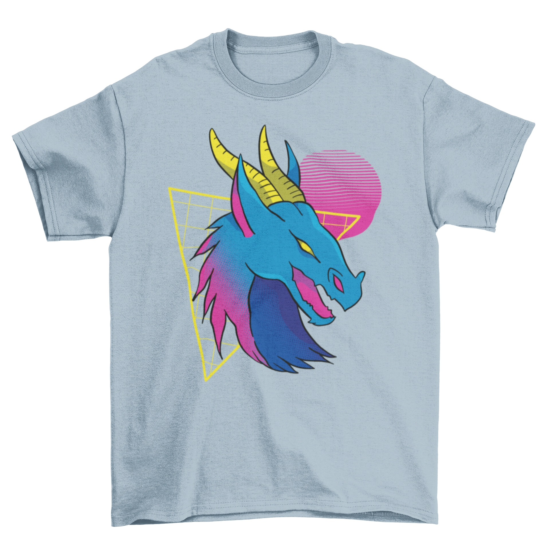 A vibrant neon dragon face t-shirt featuring intricate designs and colorful shapes in the background.