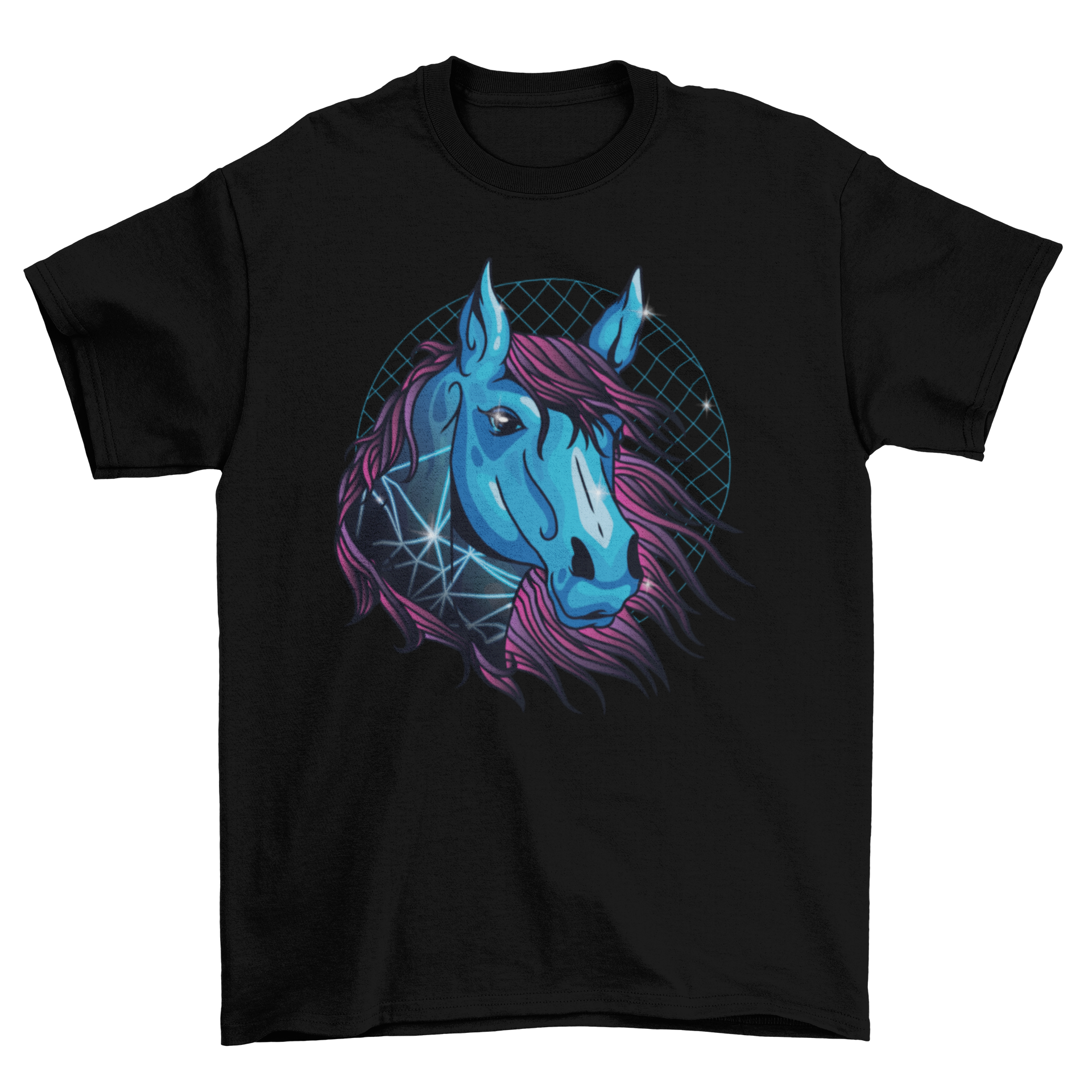 A vibrant Neon Horse T-Shirt featuring a blue horse with flowing pink hair and geometric designs, perfect for a stylish look.