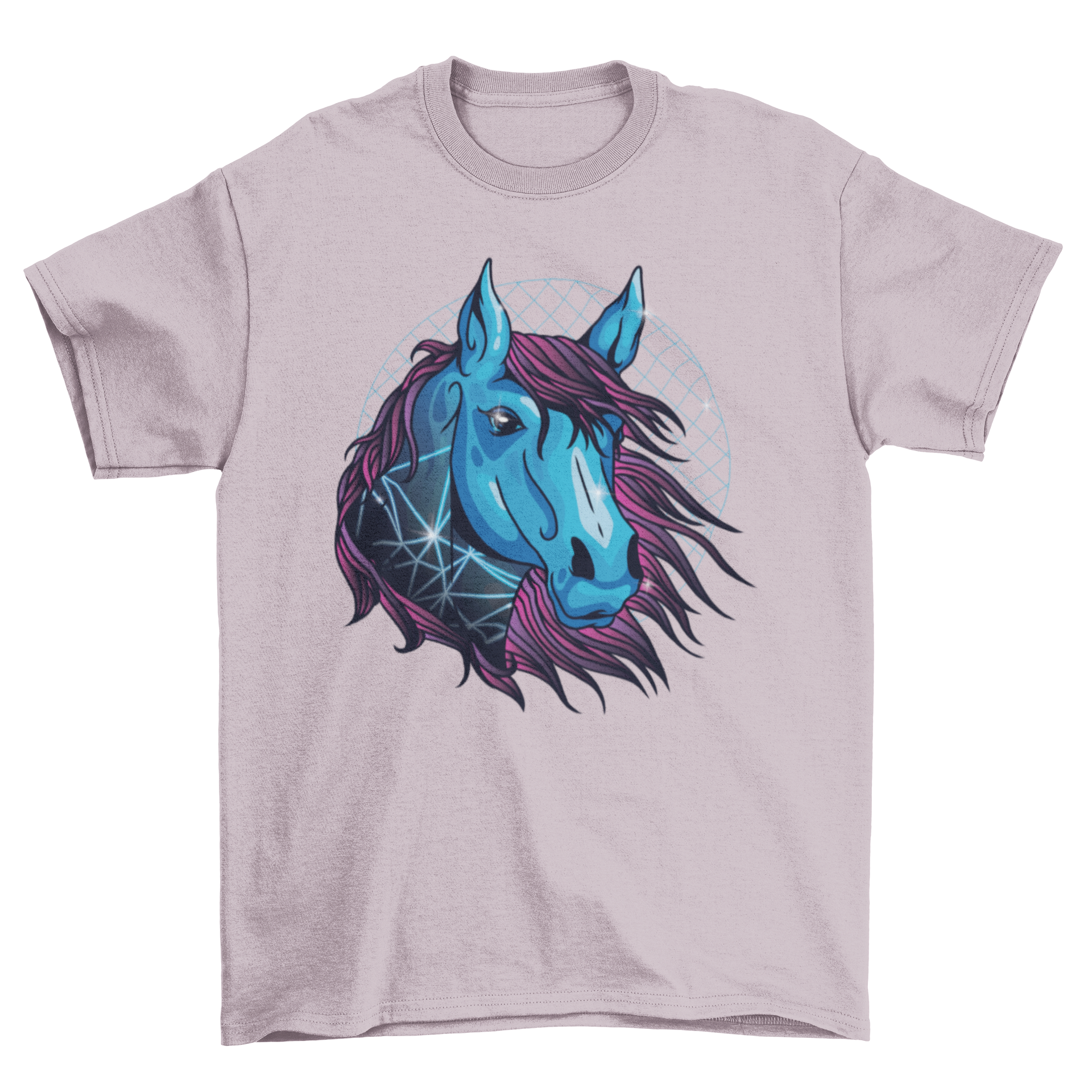 A vibrant Neon Horse T-Shirt featuring a blue horse with flowing pink hair and geometric designs, perfect for a stylish look.