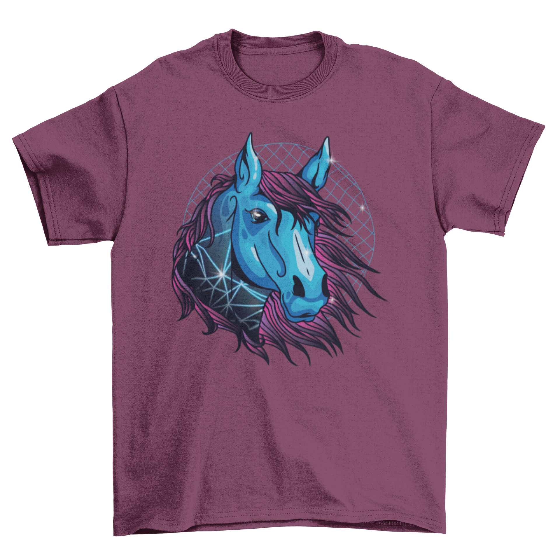 A vibrant Neon Horse T-Shirt featuring a blue horse with flowing pink hair and geometric designs, perfect for a stylish look.