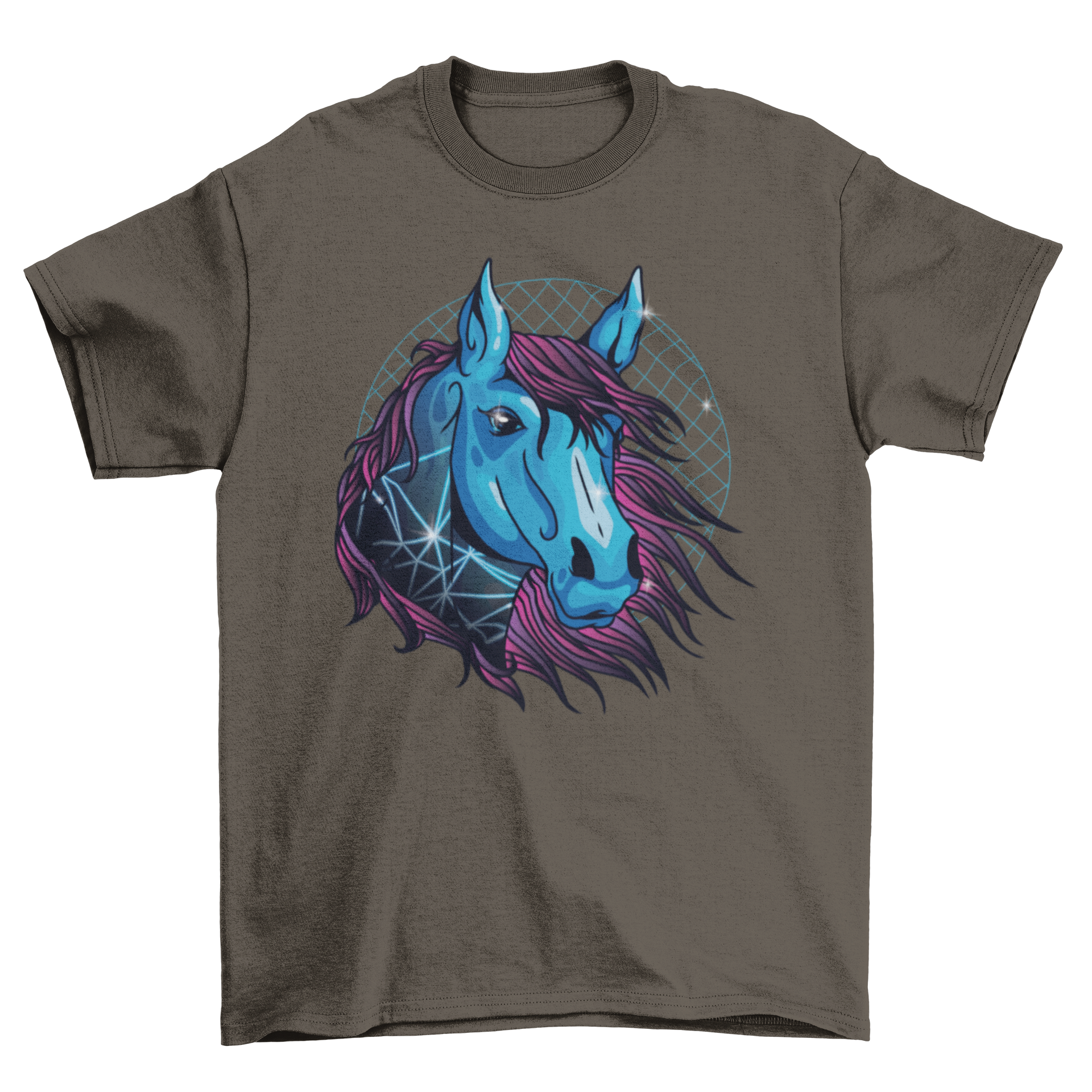 A vibrant Neon Horse T-Shirt featuring a blue horse with flowing pink hair and geometric designs, perfect for a stylish look.