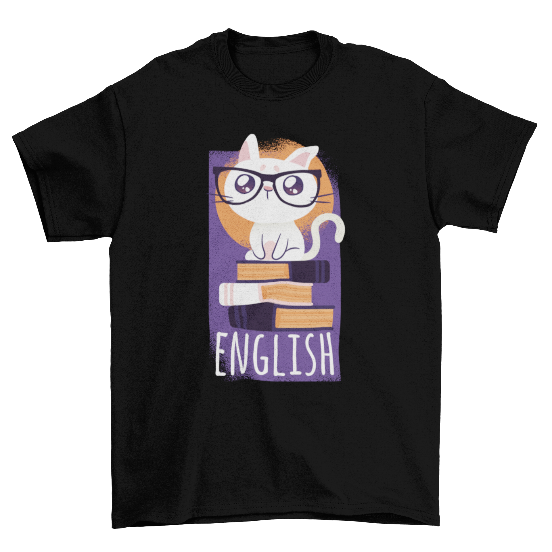 Nerd Cat T-Shirt featuring a cute cat surrounded by English books with the text 'English'.