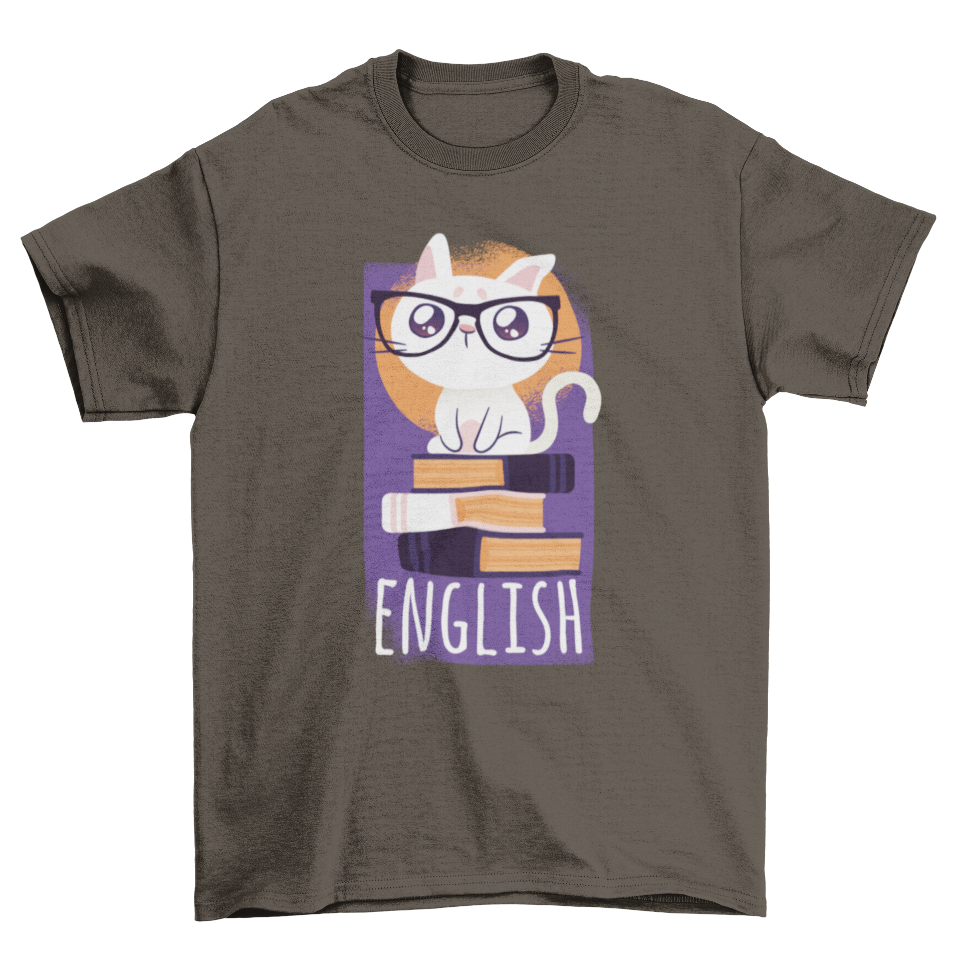 Nerd Cat T-Shirt featuring a cute cat surrounded by English books with the text 'English'.