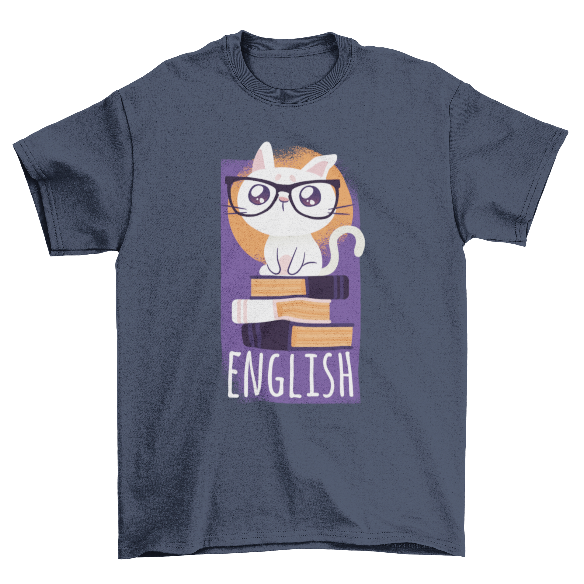 Nerd Cat T-Shirt featuring a cute cat surrounded by English books with the text 'English'.