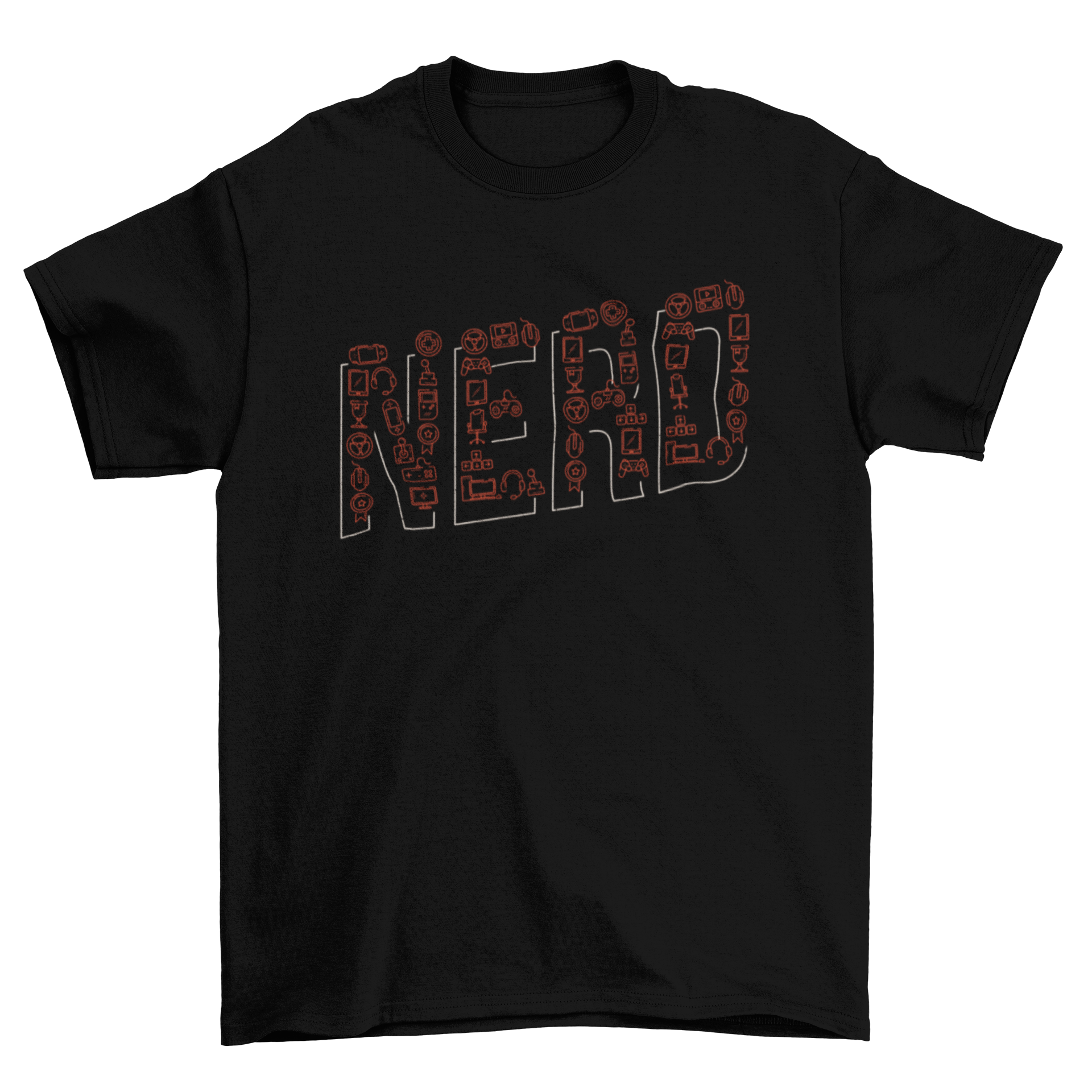 Nerd Lettering T-shirt featuring the word NERD made from various nerd elements, showcasing a unique and creative design.