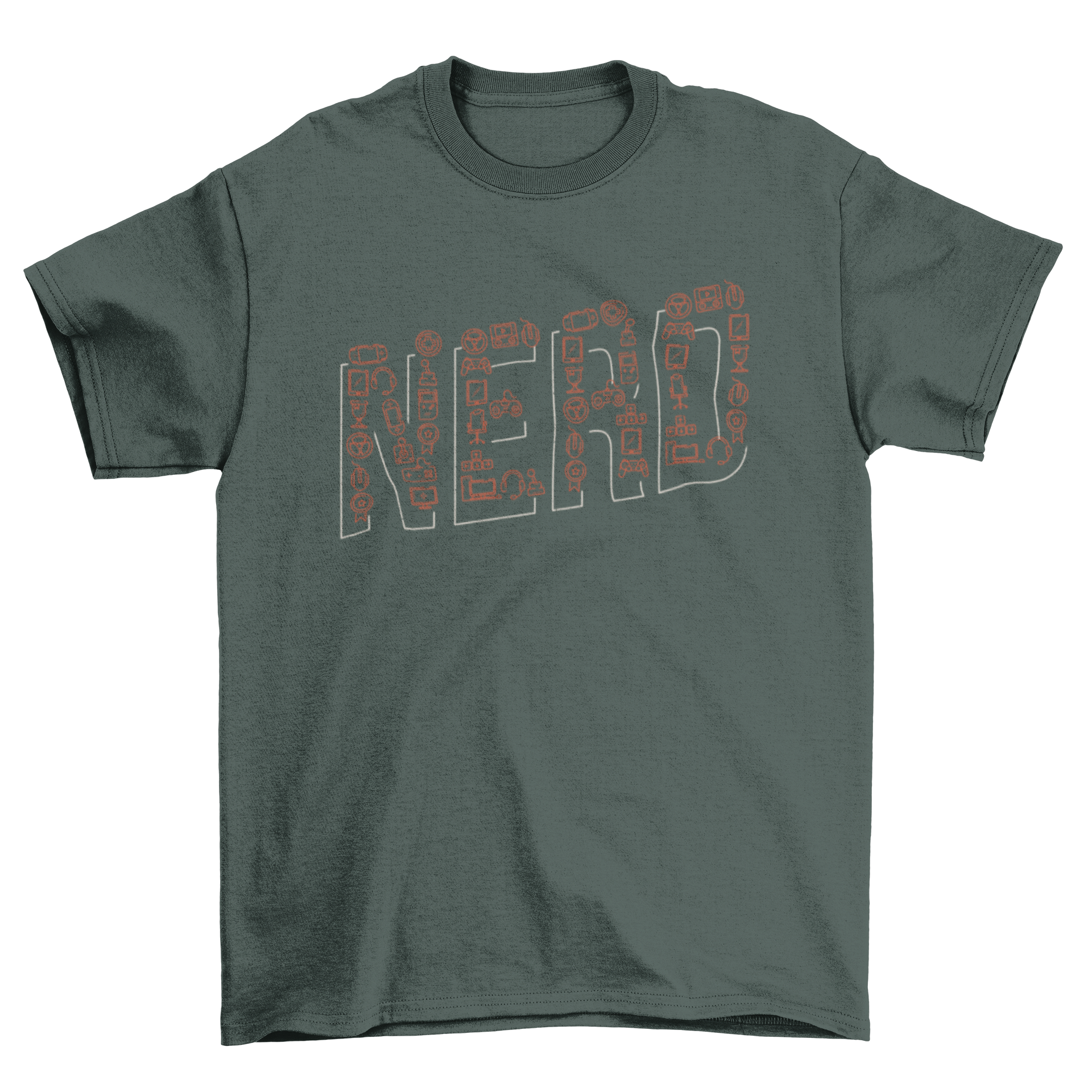 Nerd Lettering T-shirt featuring the word NERD made from various nerd elements, showcasing a unique and creative design.