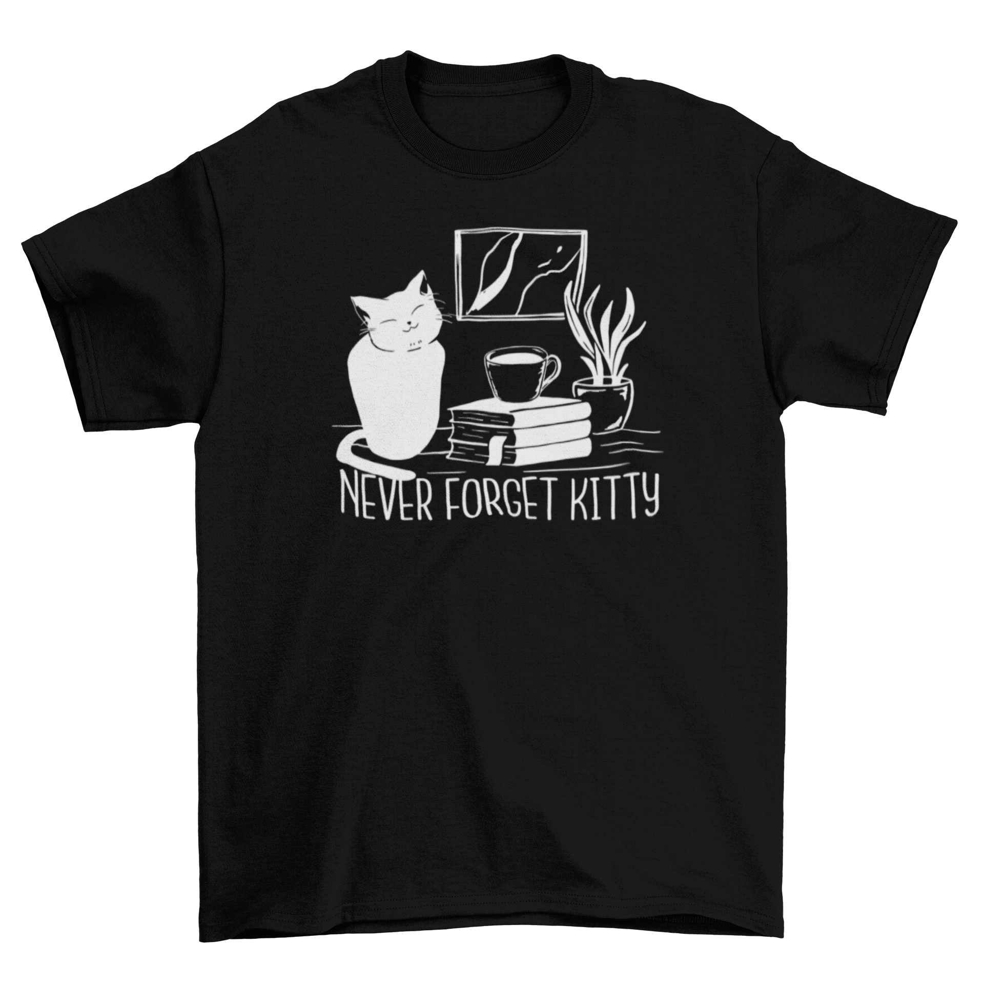 A cute t-shirt featuring a cat on a desk with home objects and the quote 'Never forget kitty'.