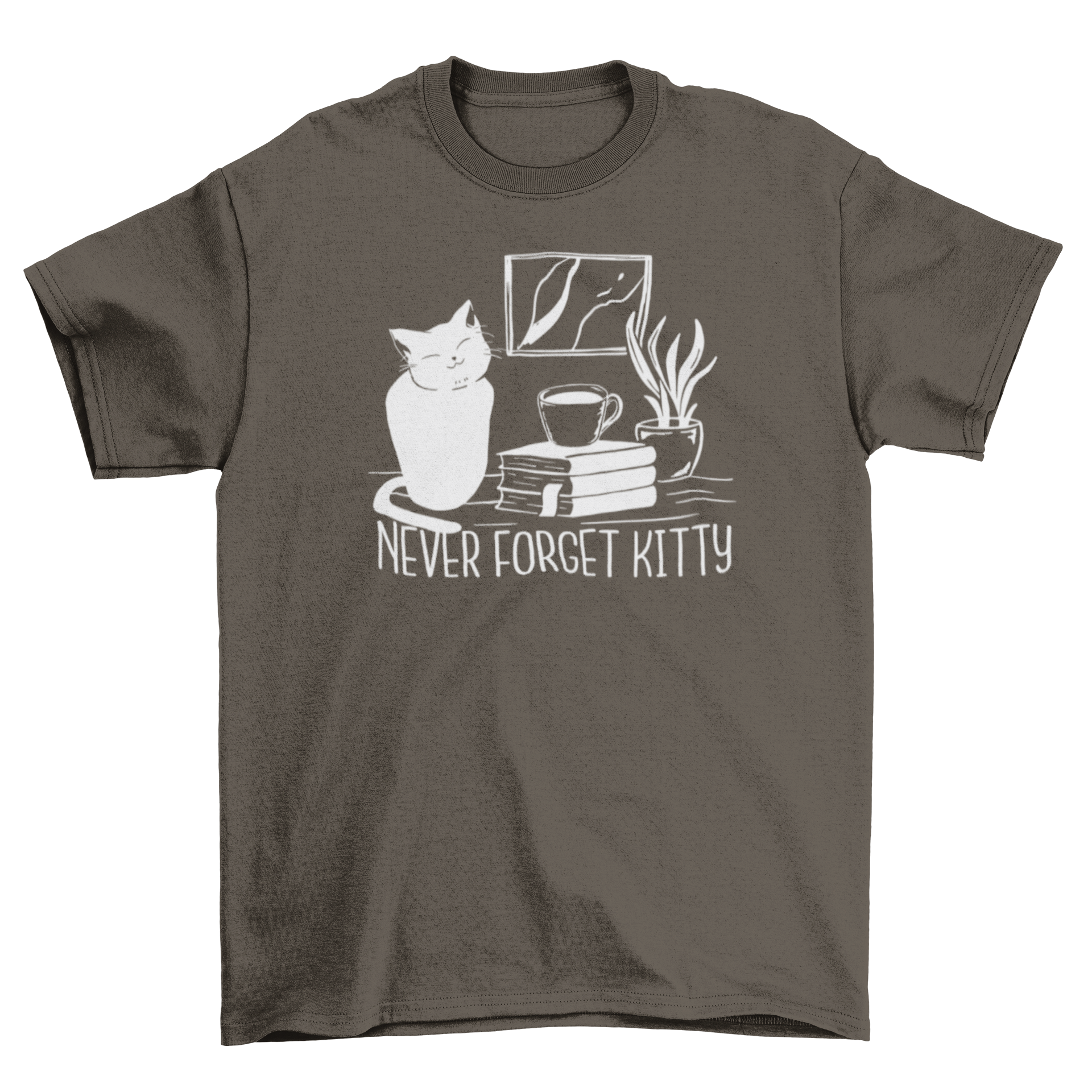 A cute t-shirt featuring a cat on a desk with home objects and the quote 'Never forget kitty'.