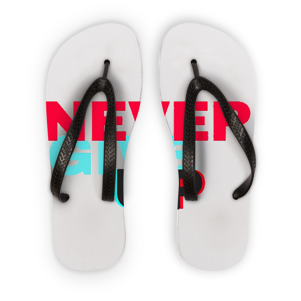 Never Give Up Adult Flip Flops with customizable printed fabric and black/orange straps, perfect for summer wear.