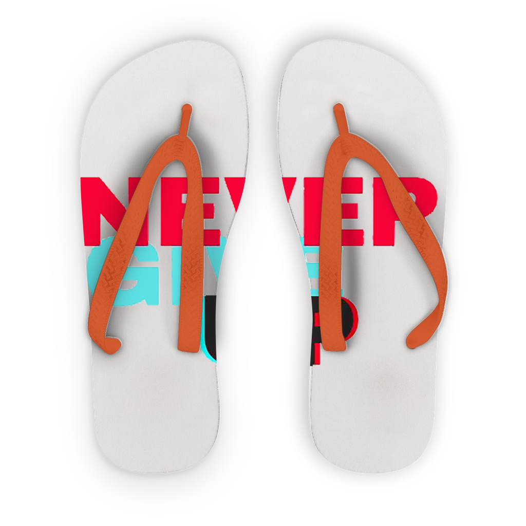 Never Give Up Adult Flip Flops with customizable printed fabric and black/orange straps, perfect for summer wear.