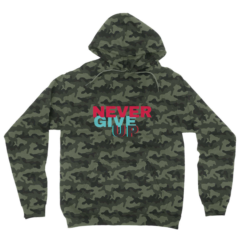 Never Give Up Camouflage Adult Hoodie featuring a classic camo print, double fabric hood, and kangaroo pouch pocket.