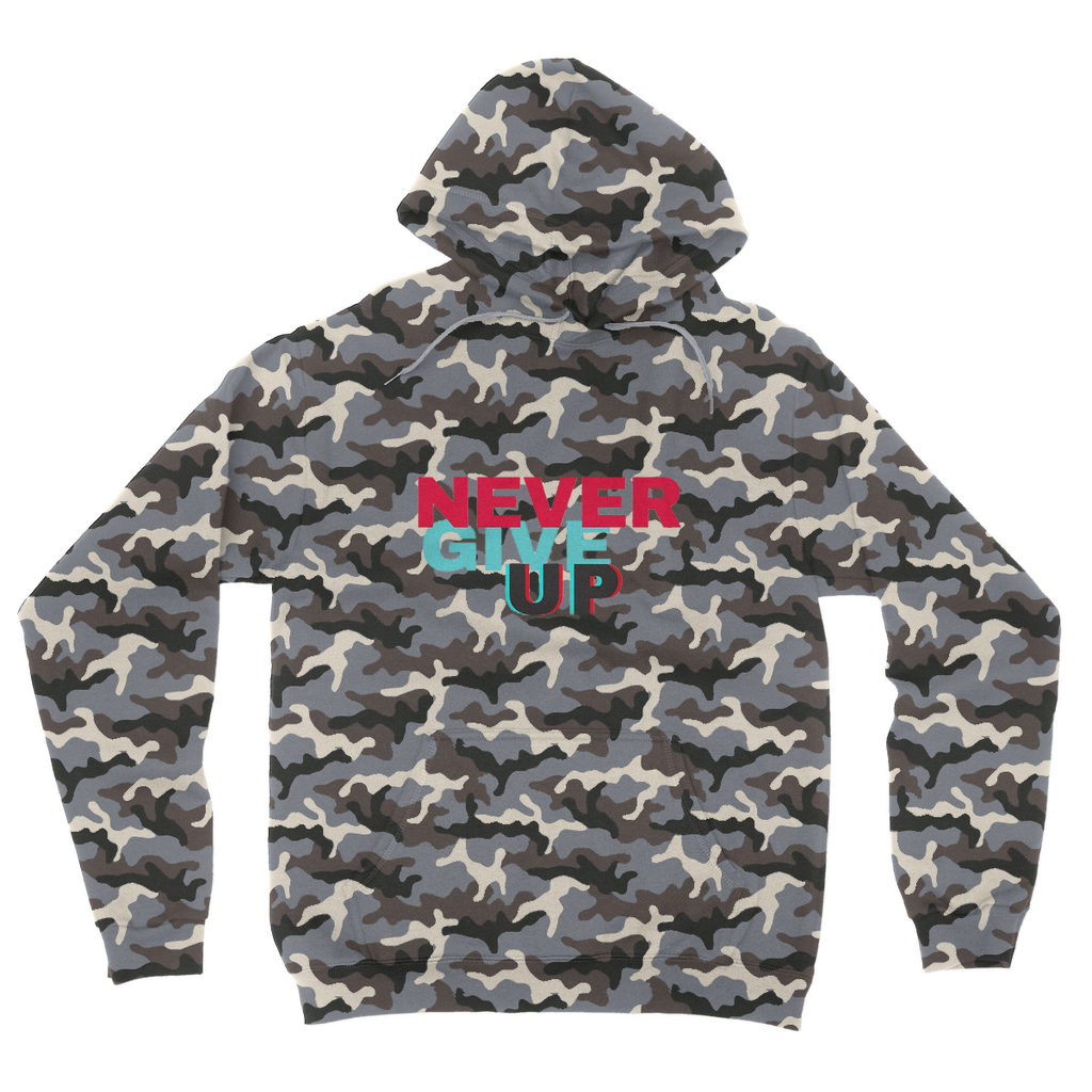 Never Give Up Camouflage Adult Hoodie featuring a classic camo print, double fabric hood, and kangaroo pouch pocket.